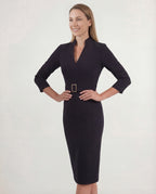 Women's Sheath Midi Dress Belted Waist Structured Collar Tailored Fit