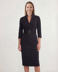 Women's Sheath Midi Dress Belted Waist Structured Collar Tailored Fit