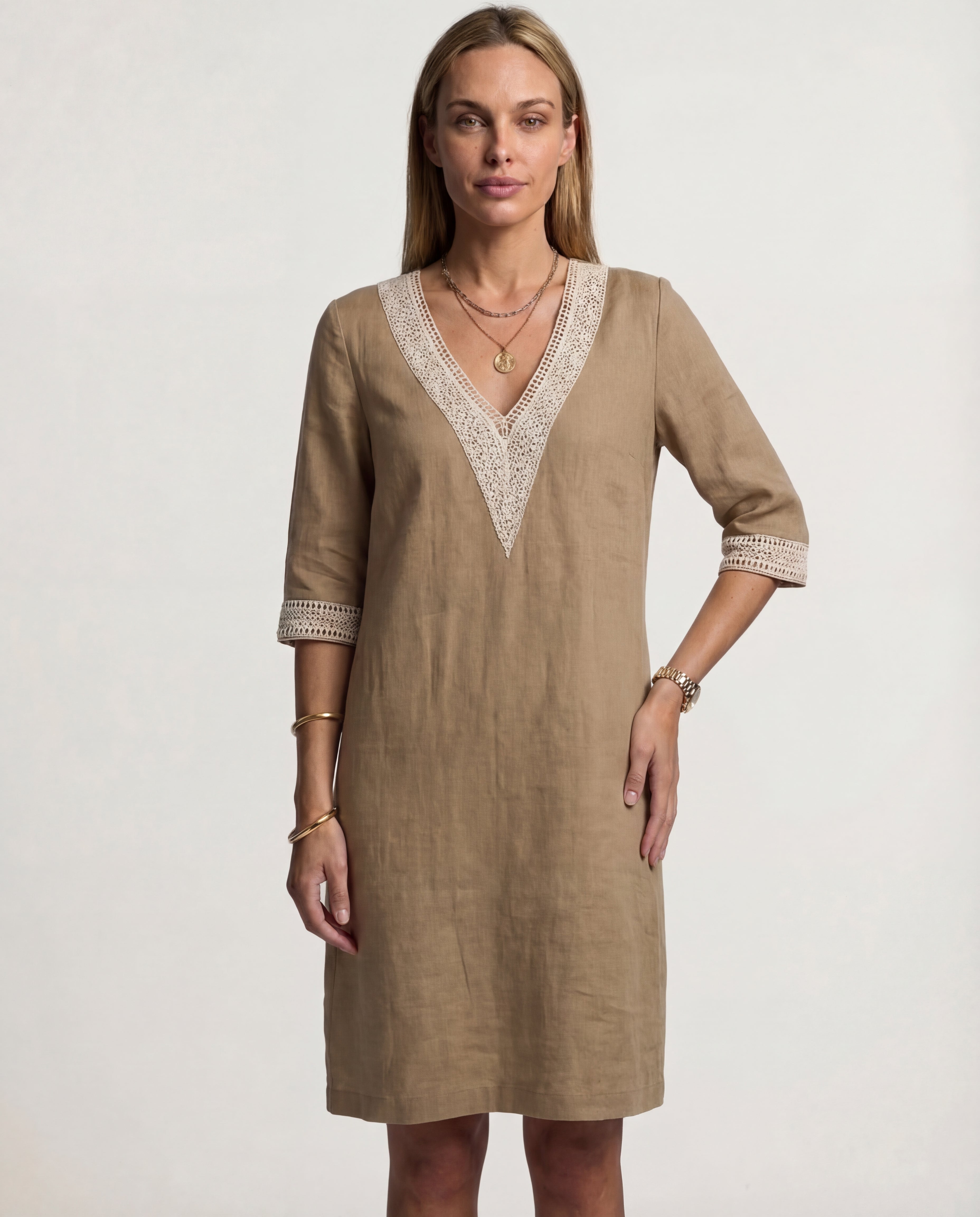 Women's Linen Midi Dress Relaxed Fit Classic Neckline Spring Summer