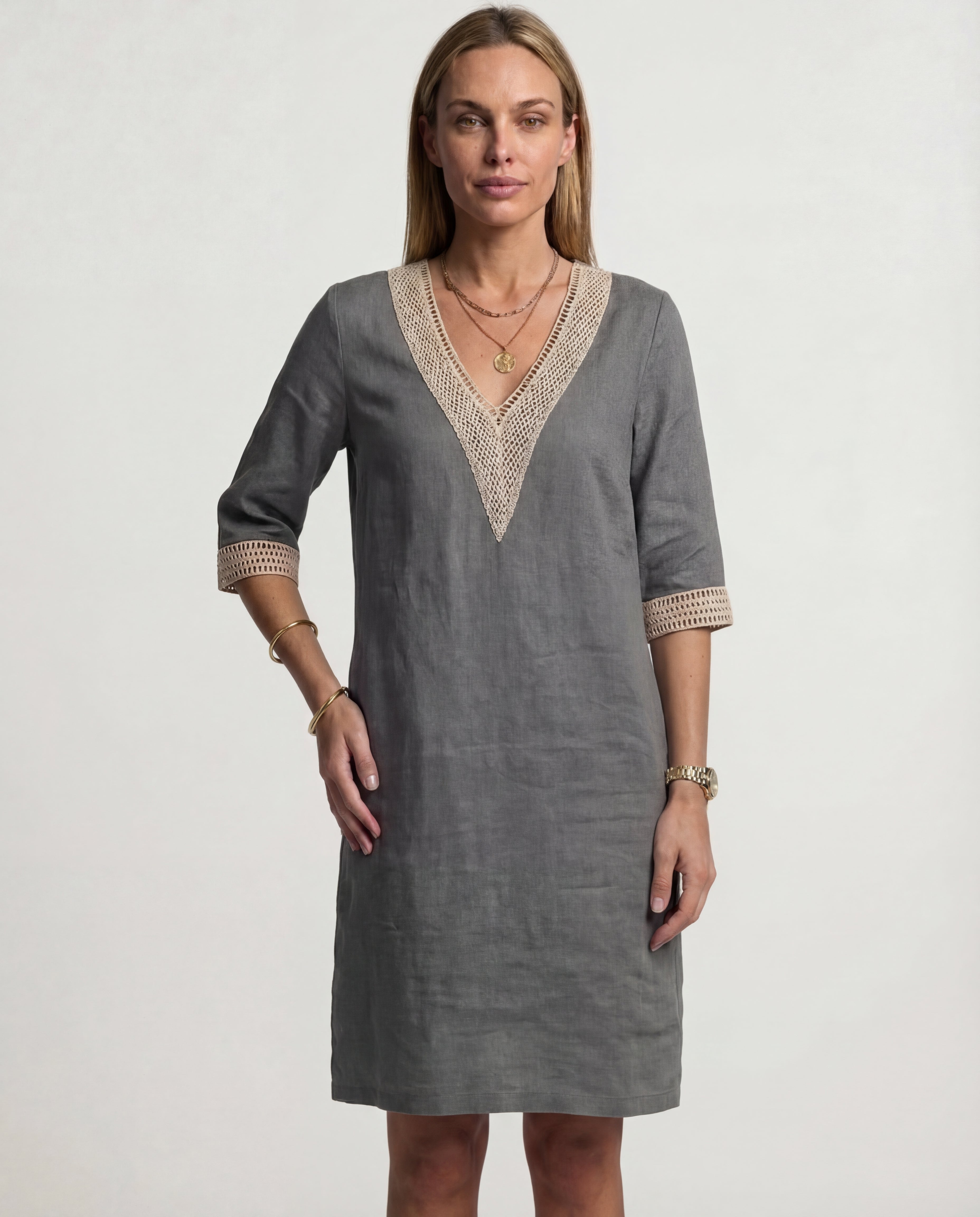 Women's Linen Midi Dress Relaxed Fit Classic Neckline Spring Summer