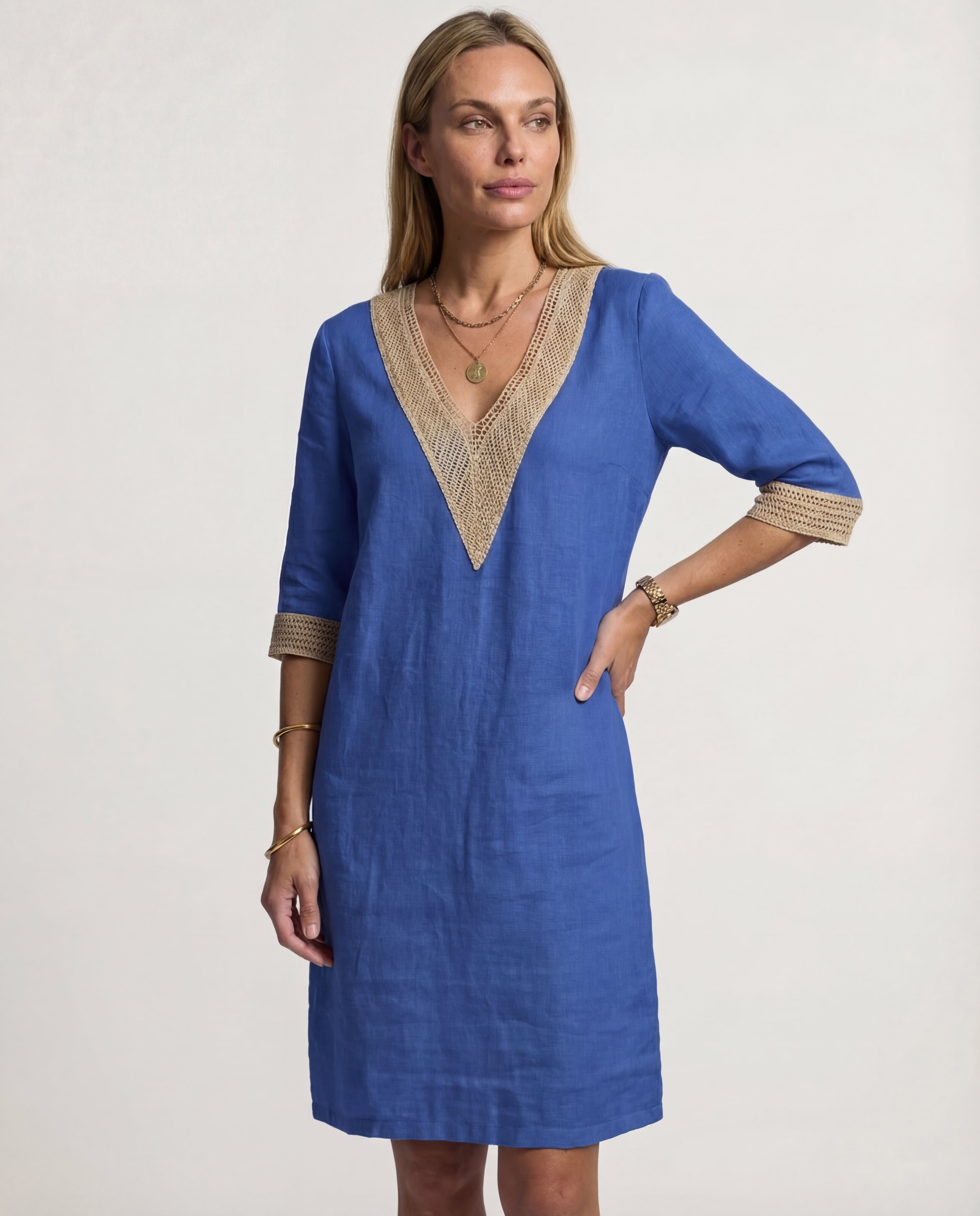 Women's Linen Midi Dress Relaxed Fit Classic Neckline Spring Summer