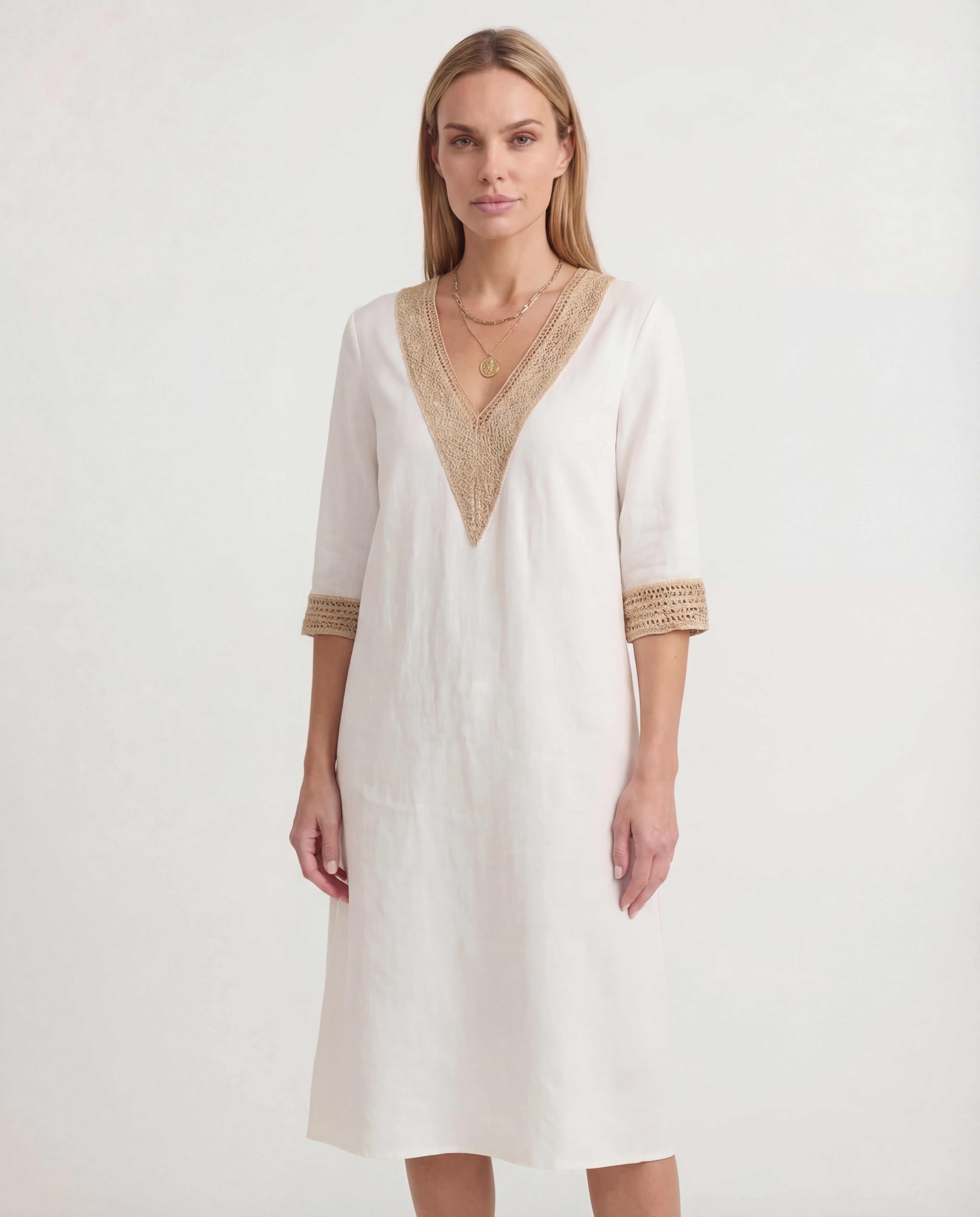 Women's Linen Midi Dress Relaxed Fit Classic Neckline Spring Summer
