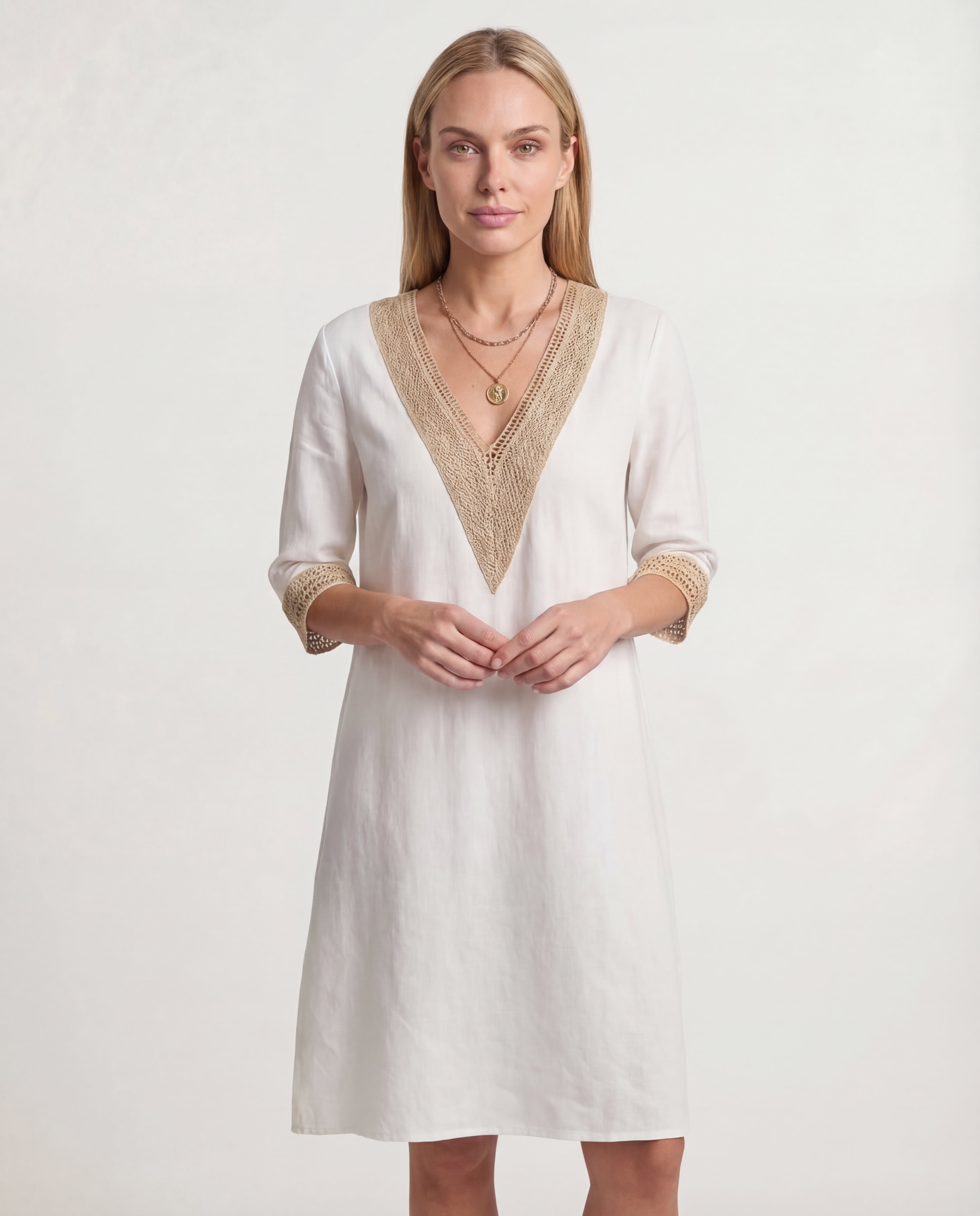 Women's Linen Midi Dress Relaxed Fit Classic Neckline Spring Summer