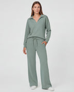 Women's Cotton Tracksuit Polo Collar Wide-Leg Drawstring Relaxed Fit