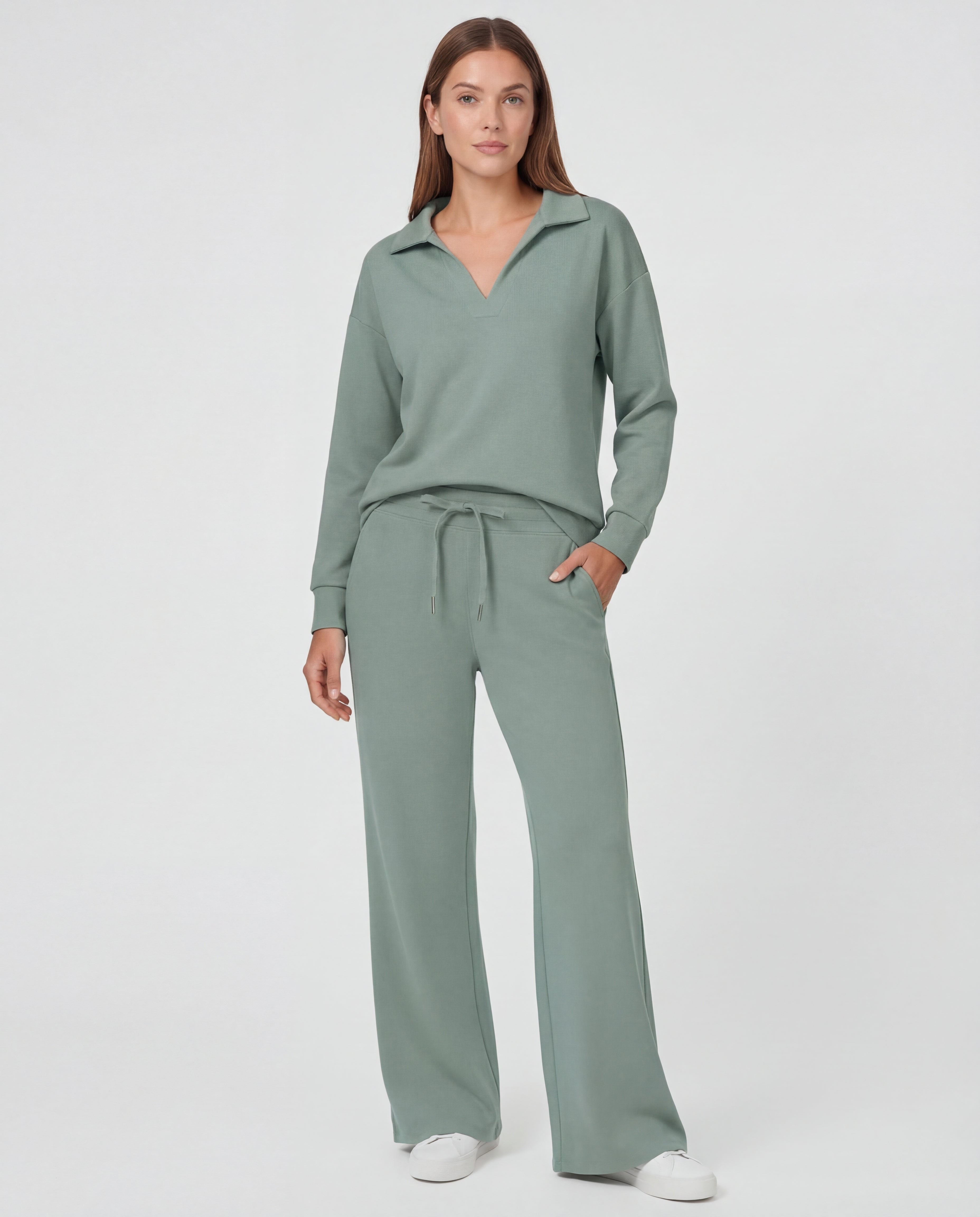 Women's Cotton Tracksuit Polo Collar Wide-Leg Drawstring Relaxed Fit