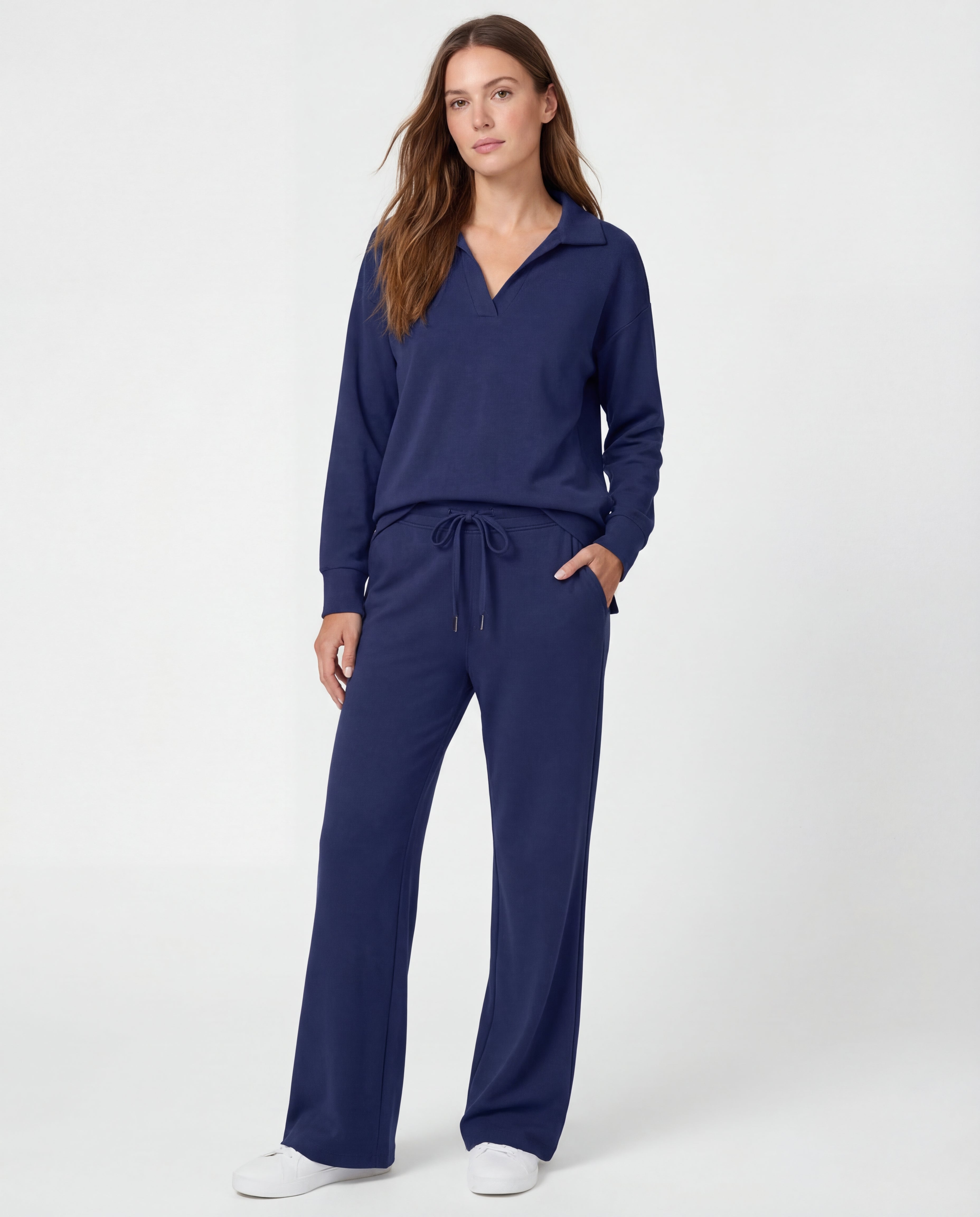 Women's Cotton Tracksuit Polo Collar Wide-Leg Drawstring Relaxed Fit