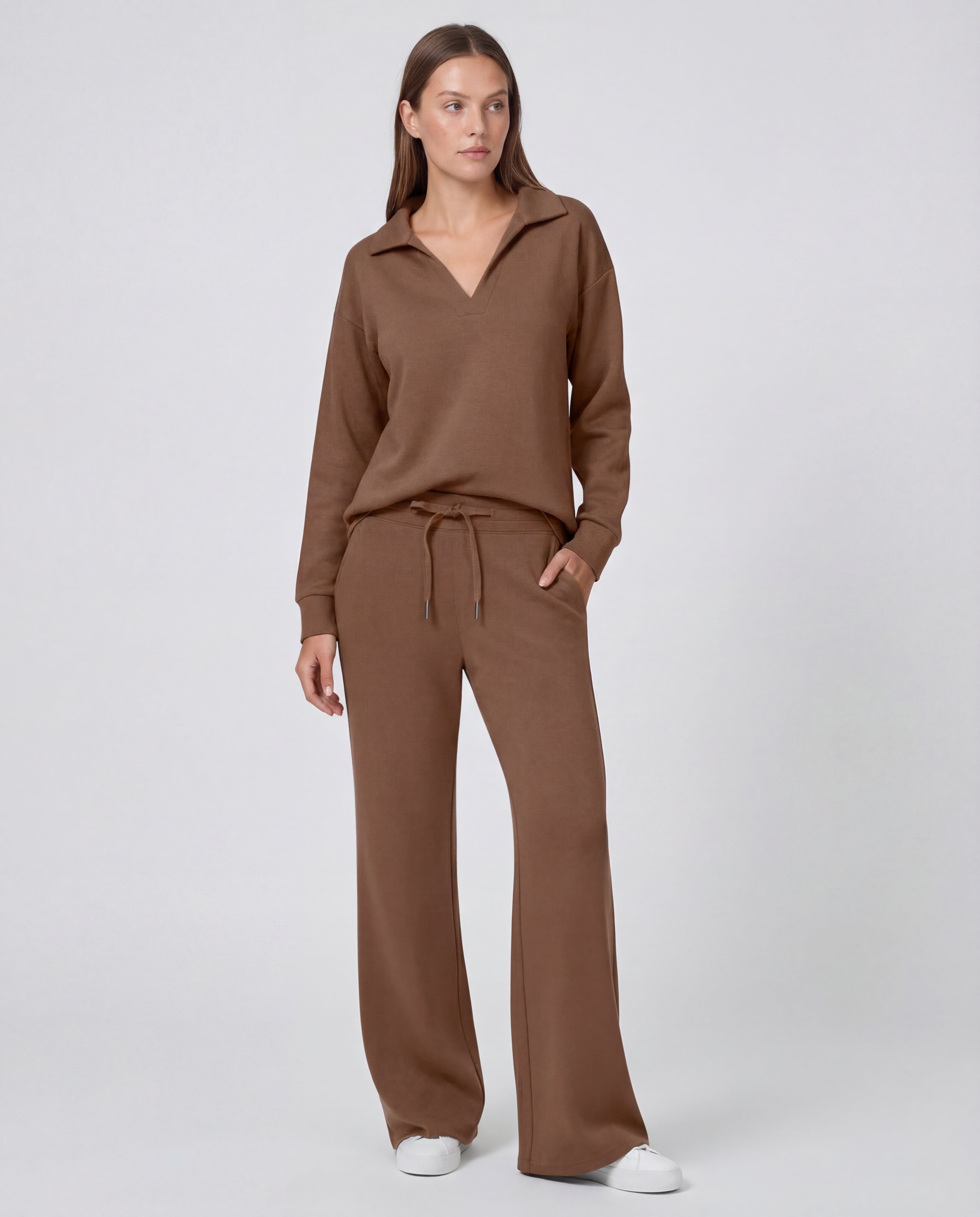 Women's Cotton Tracksuit Polo Collar Wide-Leg Drawstring Relaxed Fit