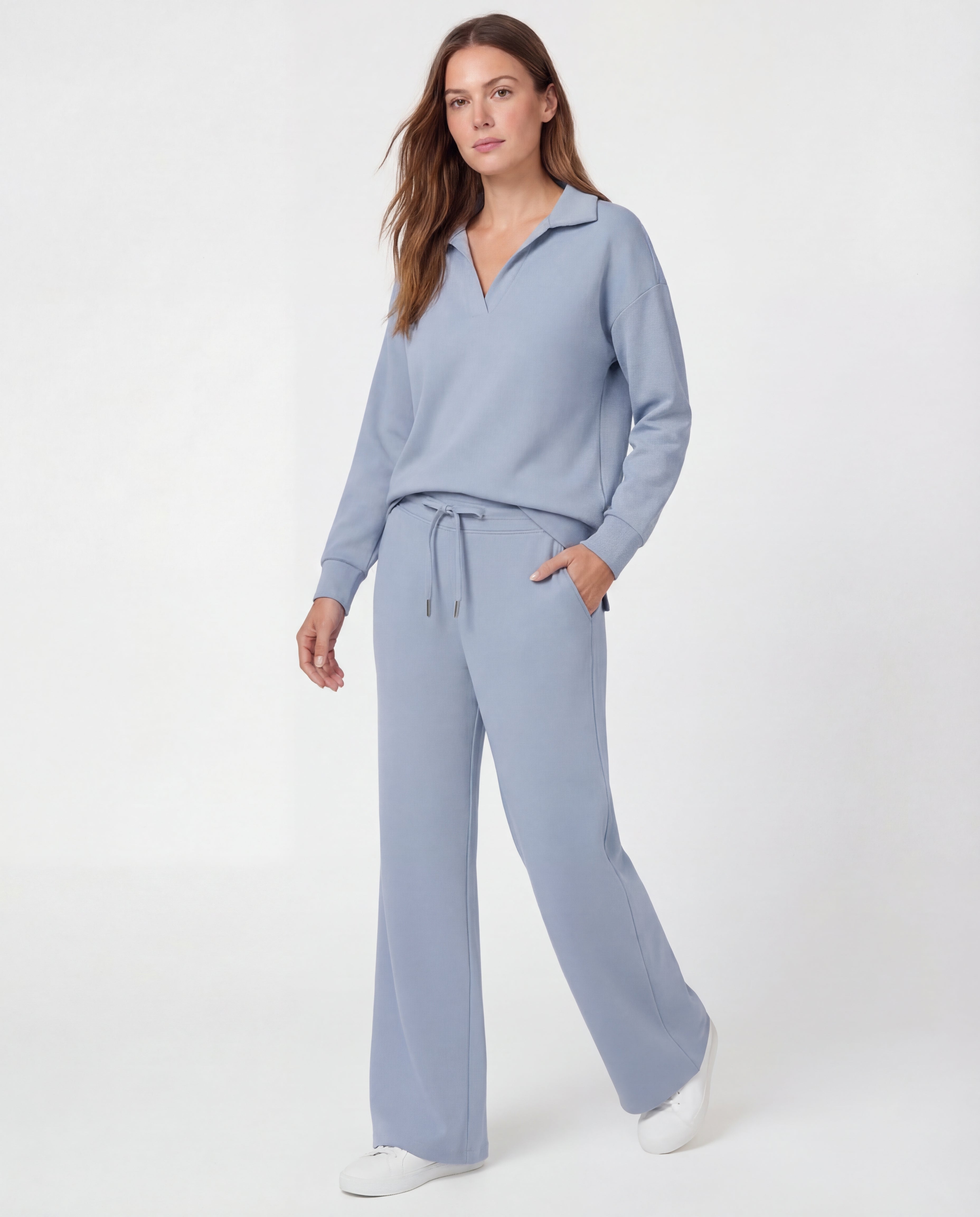 Women's Cotton Tracksuit Polo Collar Wide-Leg Drawstring Relaxed Fit