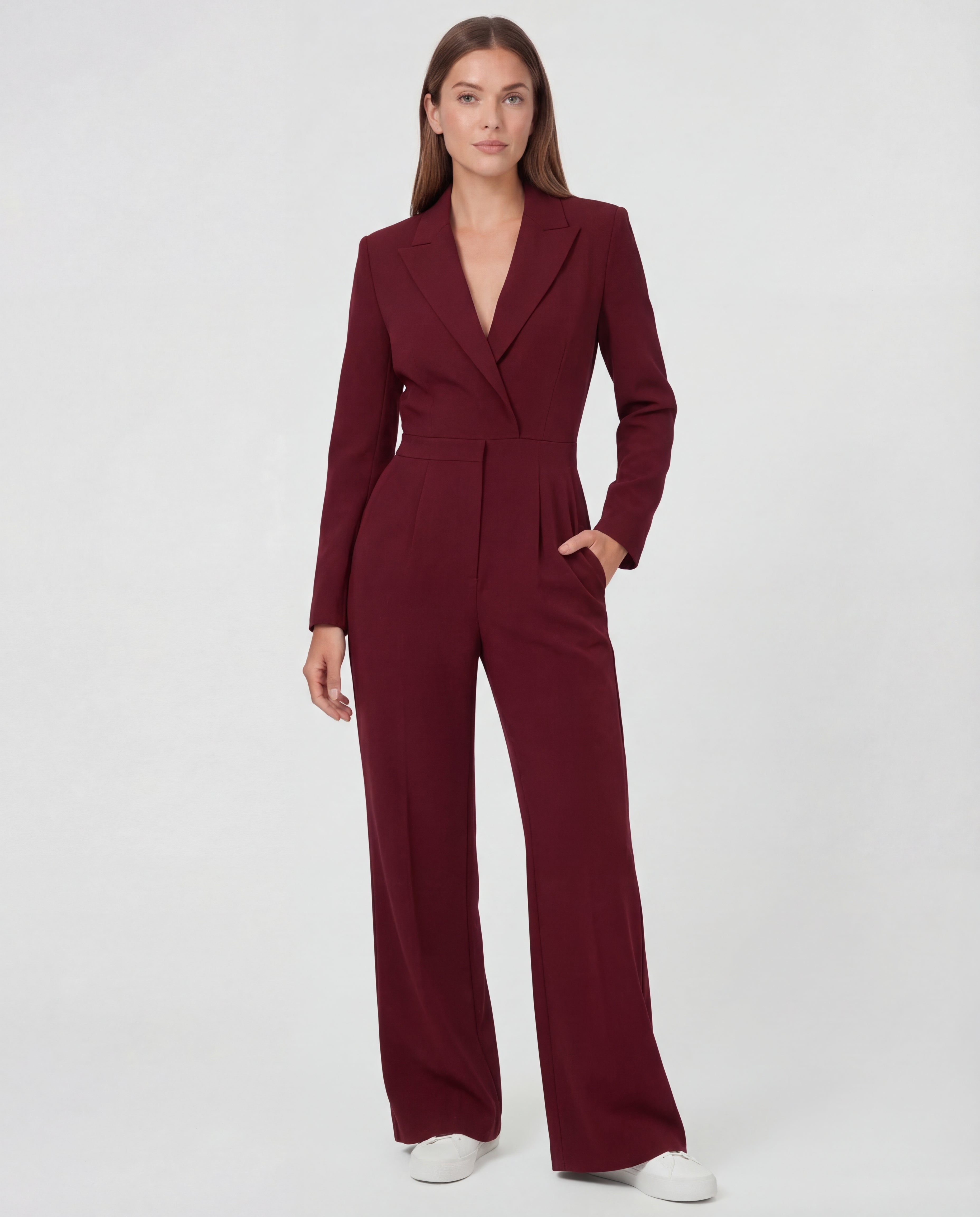 Women's Blazer Jumpsuit V-Neck Wide-Leg Tailored Technical Fabric One-Piece