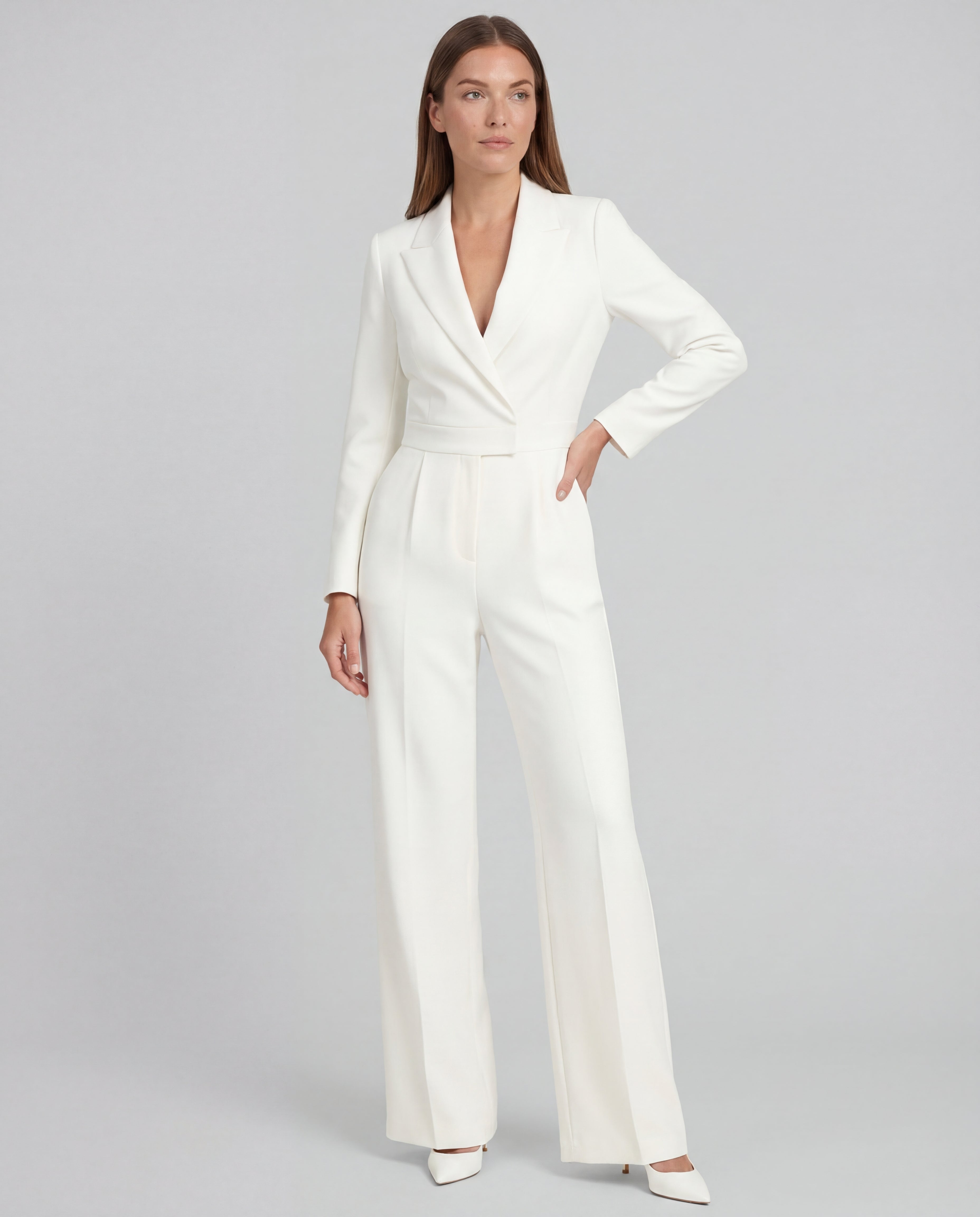 Women's Blazer Jumpsuit V-Neck Wide-Leg Tailored Technical Fabric One-Piece