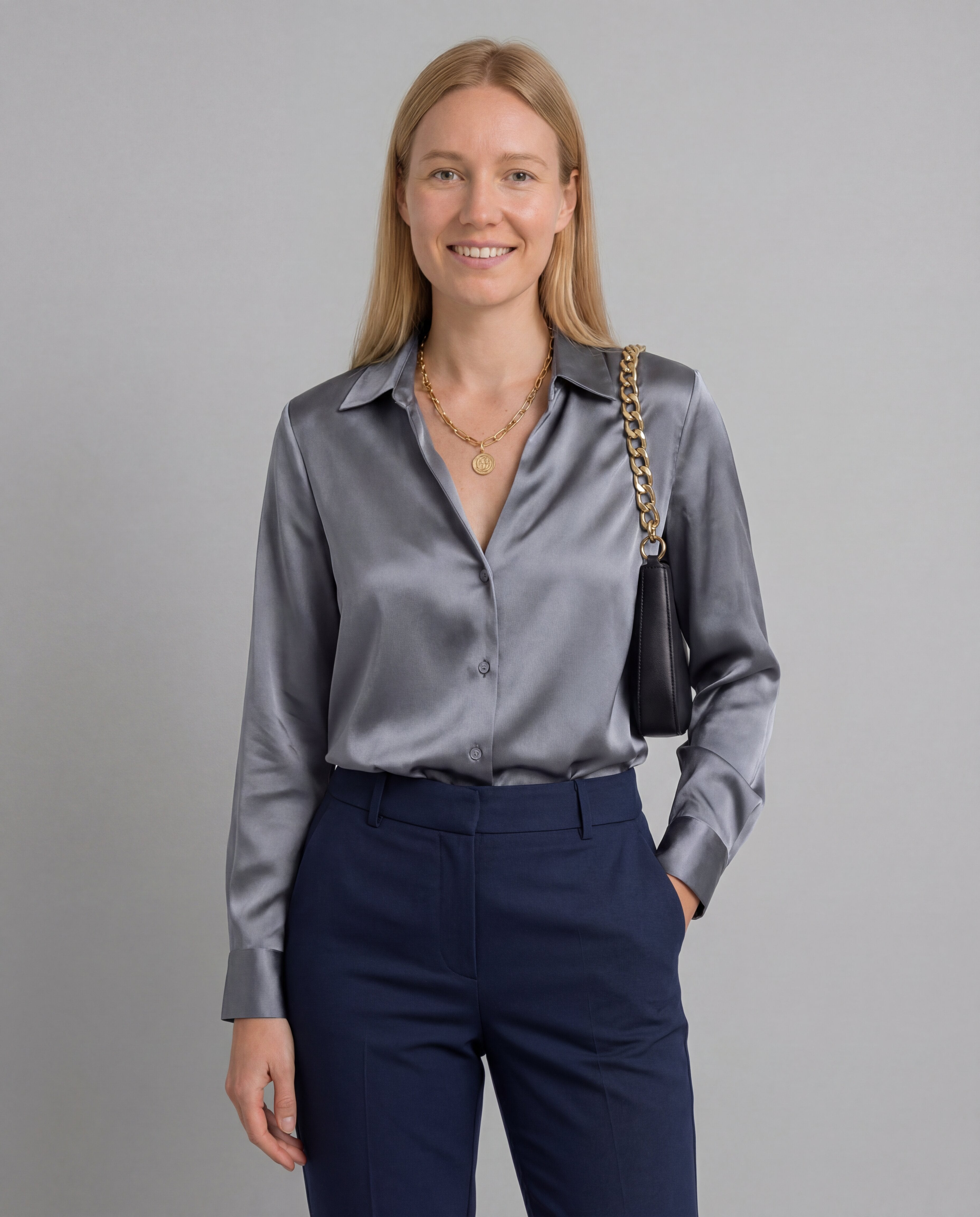 Women's Satin Blouse Deep V-Neck Long Sleeve Fluid Elegant Fit