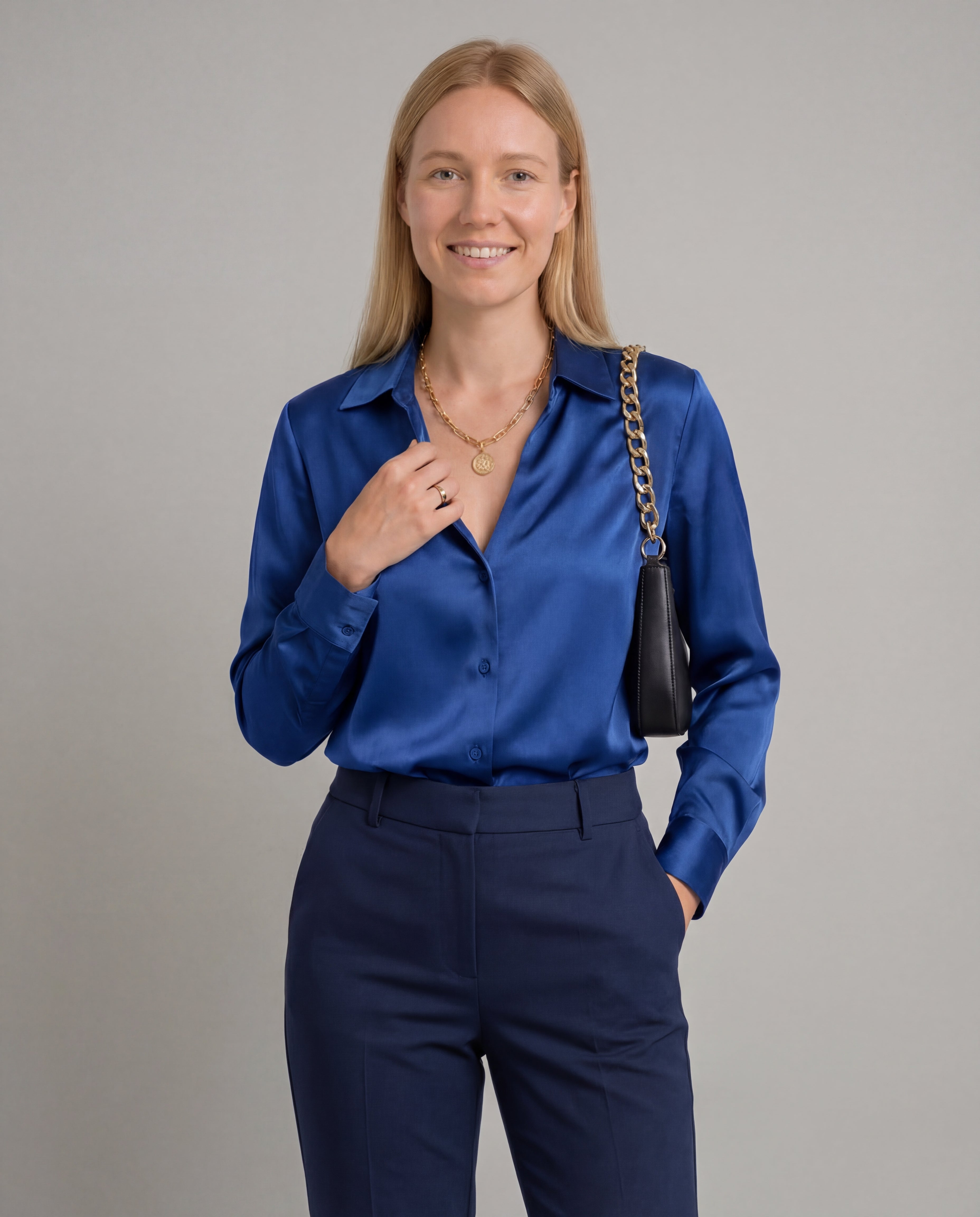 Women's Satin Blouse Deep V-Neck Long Sleeve Fluid Elegant Fit