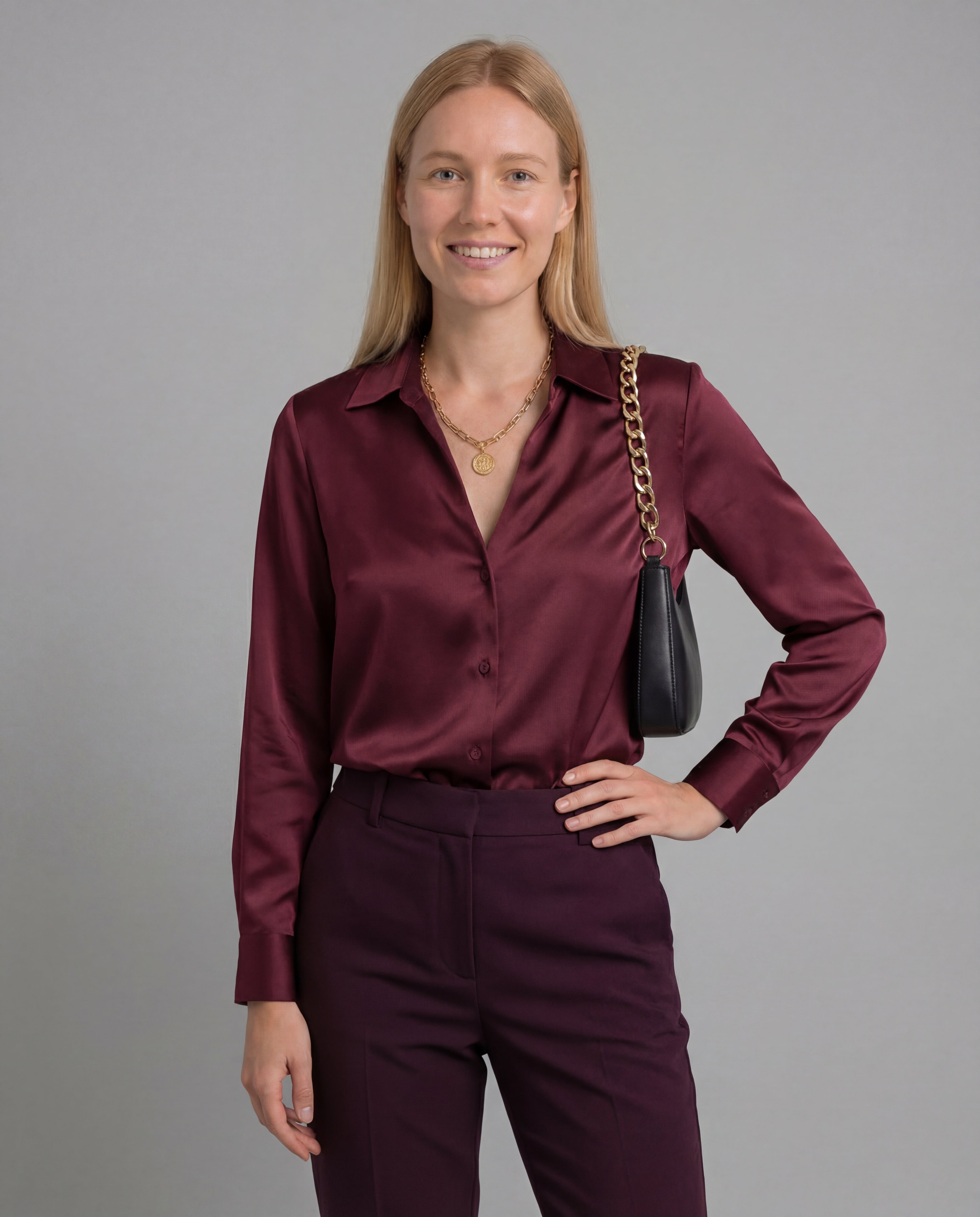 Women's Satin Blouse Deep V-Neck Long Sleeve Fluid Elegant Fit