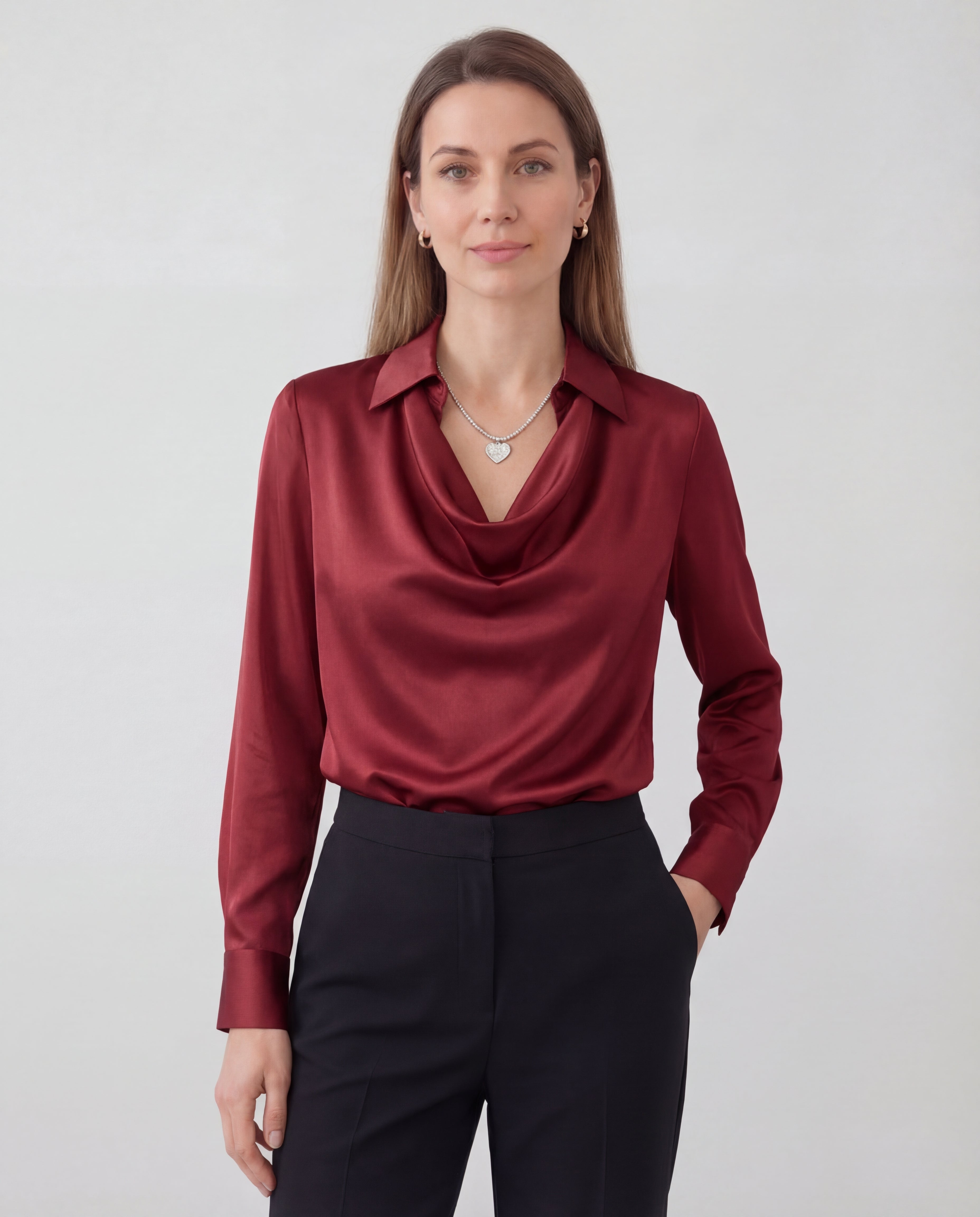 Women's Satin Blouse Draped Collar Regular Fit Elegant Office Evening
