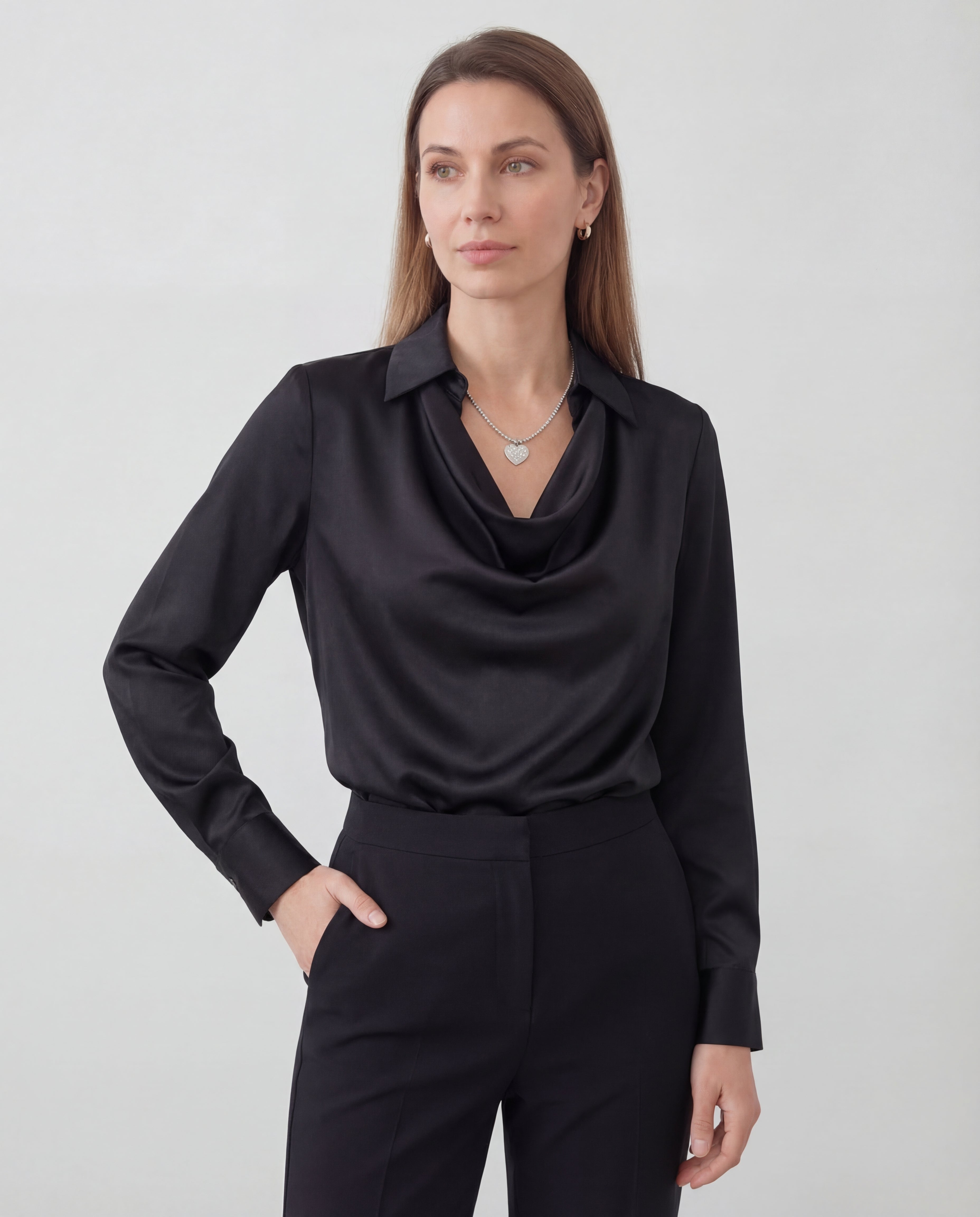 Women's Satin Blouse Draped Collar Regular Fit Elegant Office Evening