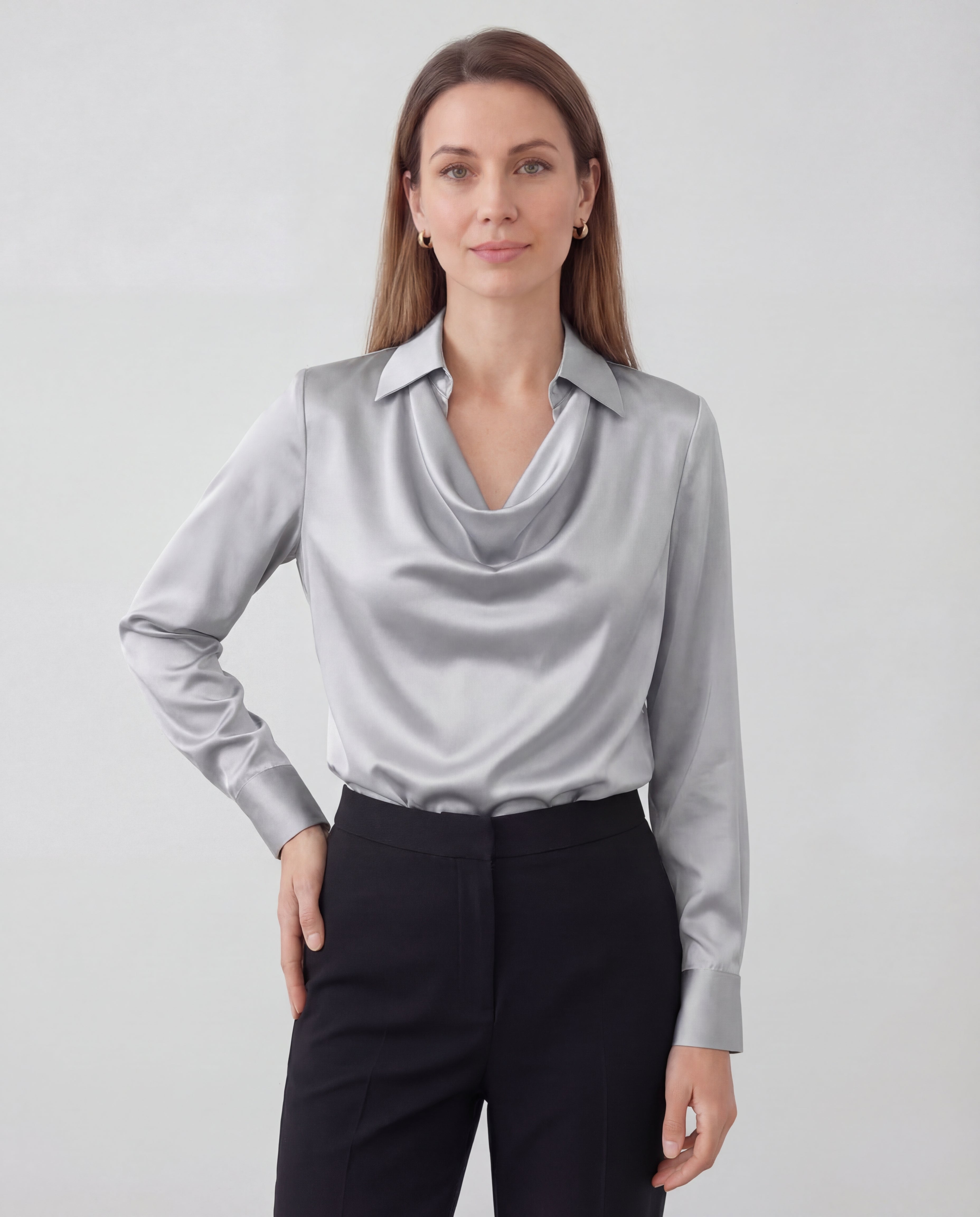 Women's Satin Blouse Draped Collar Regular Fit Elegant Office Evening