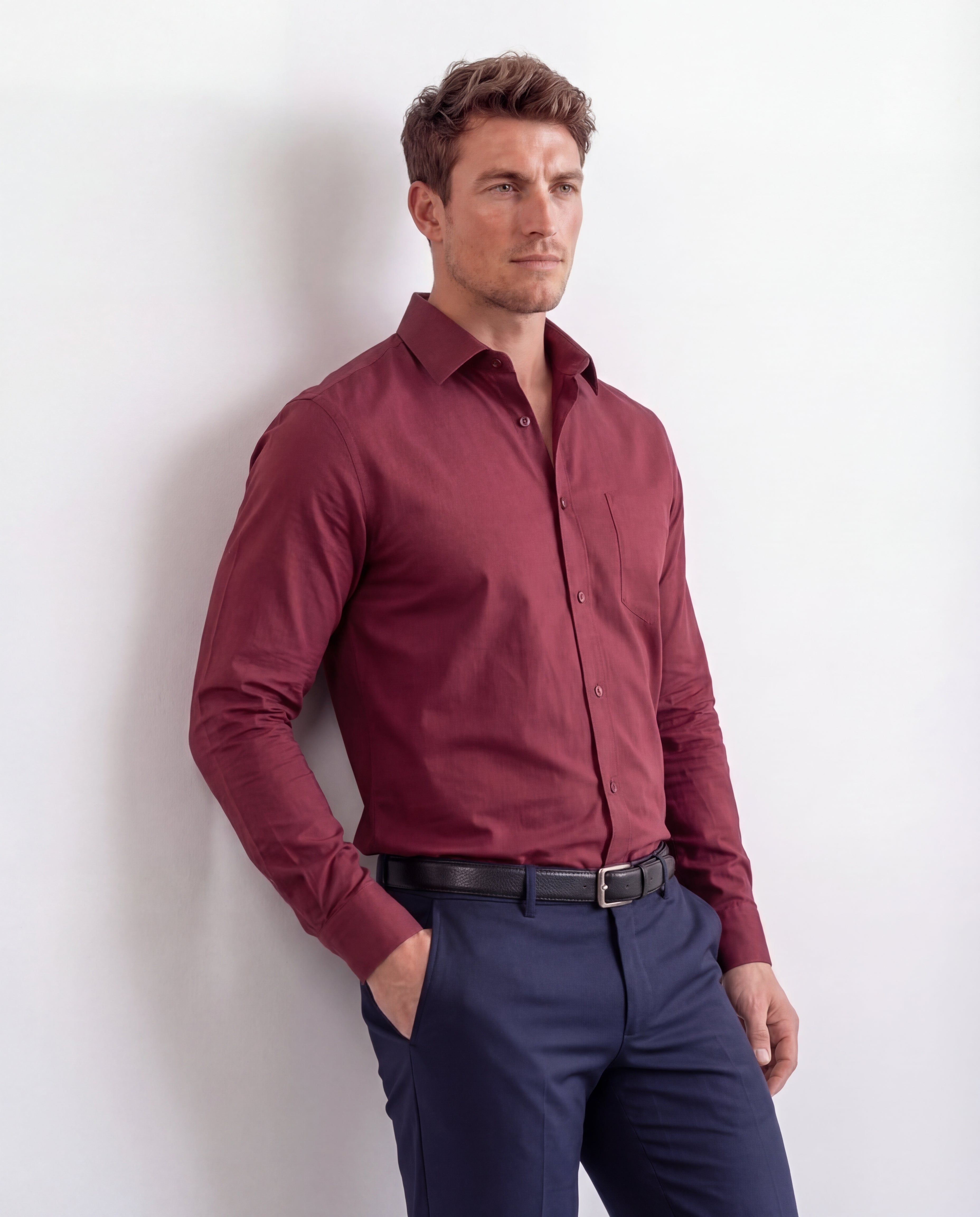 Men's Structured Shirt Point Collar Button-Up Wrinkle-Free Long Sleeve