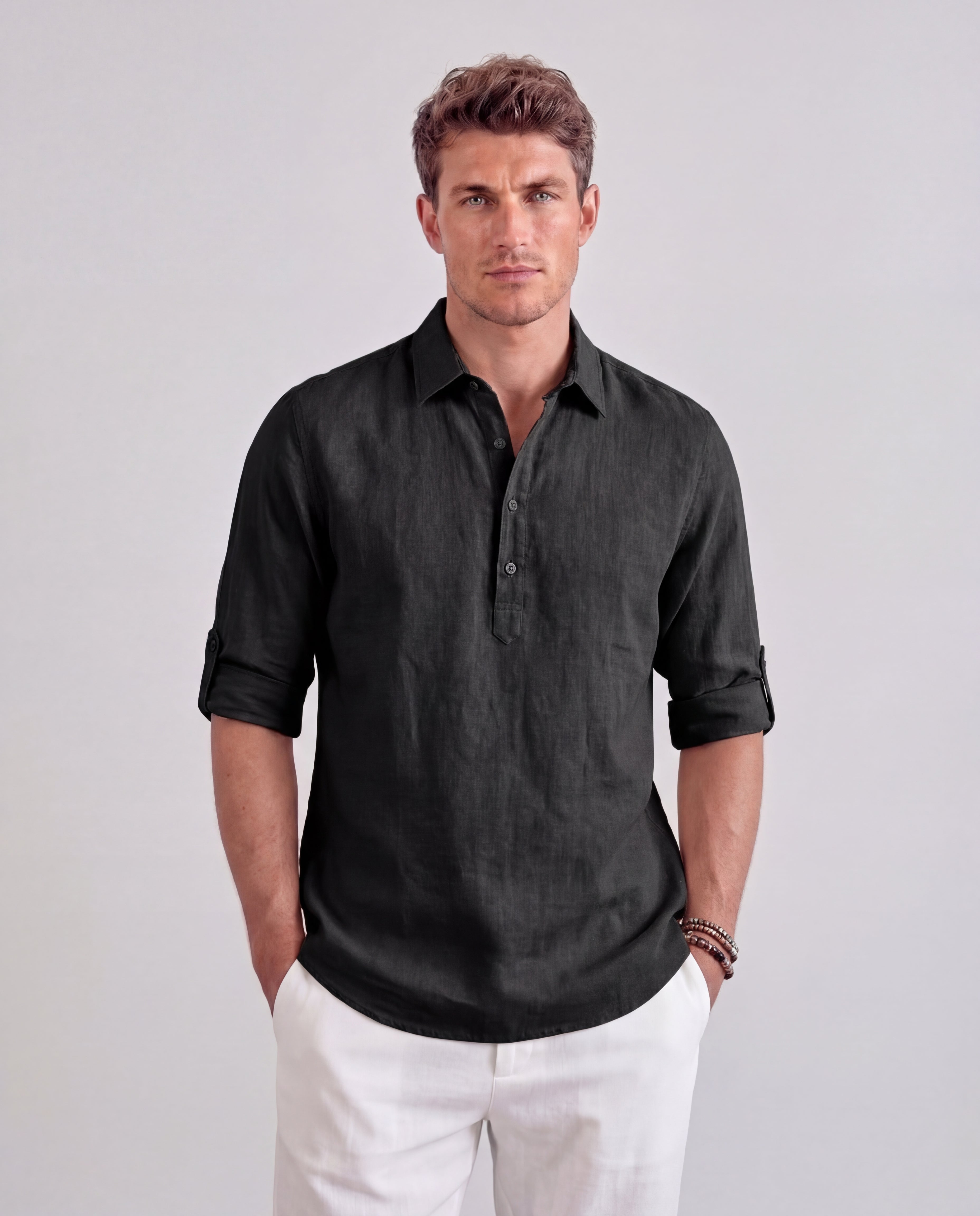 Men's Linen Blend Shirt Classic Collar Regular Fit Short Sleeve