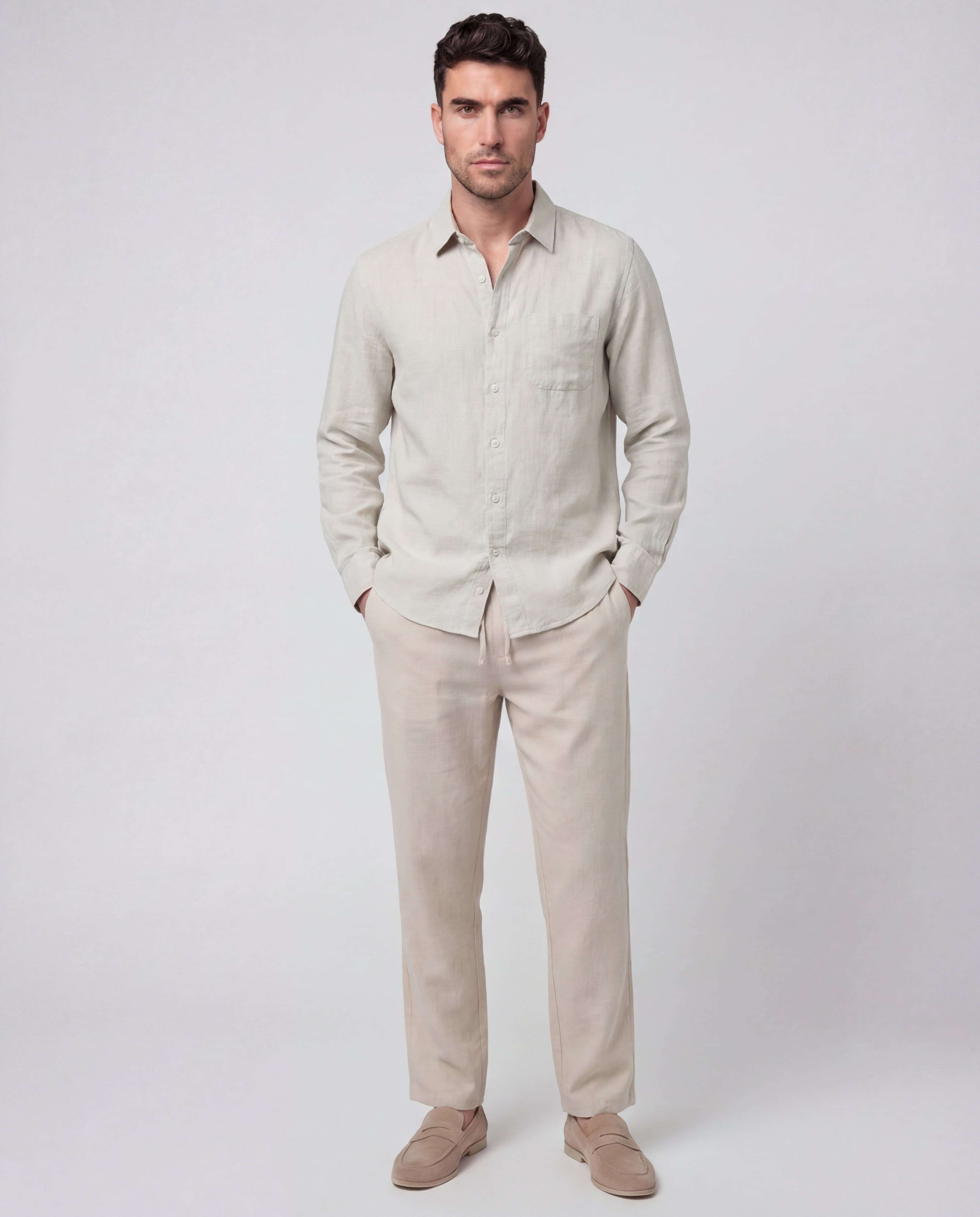 Men's Linen Co-Ord Set Blouse Trousers Regular Fit Lightweight Casual