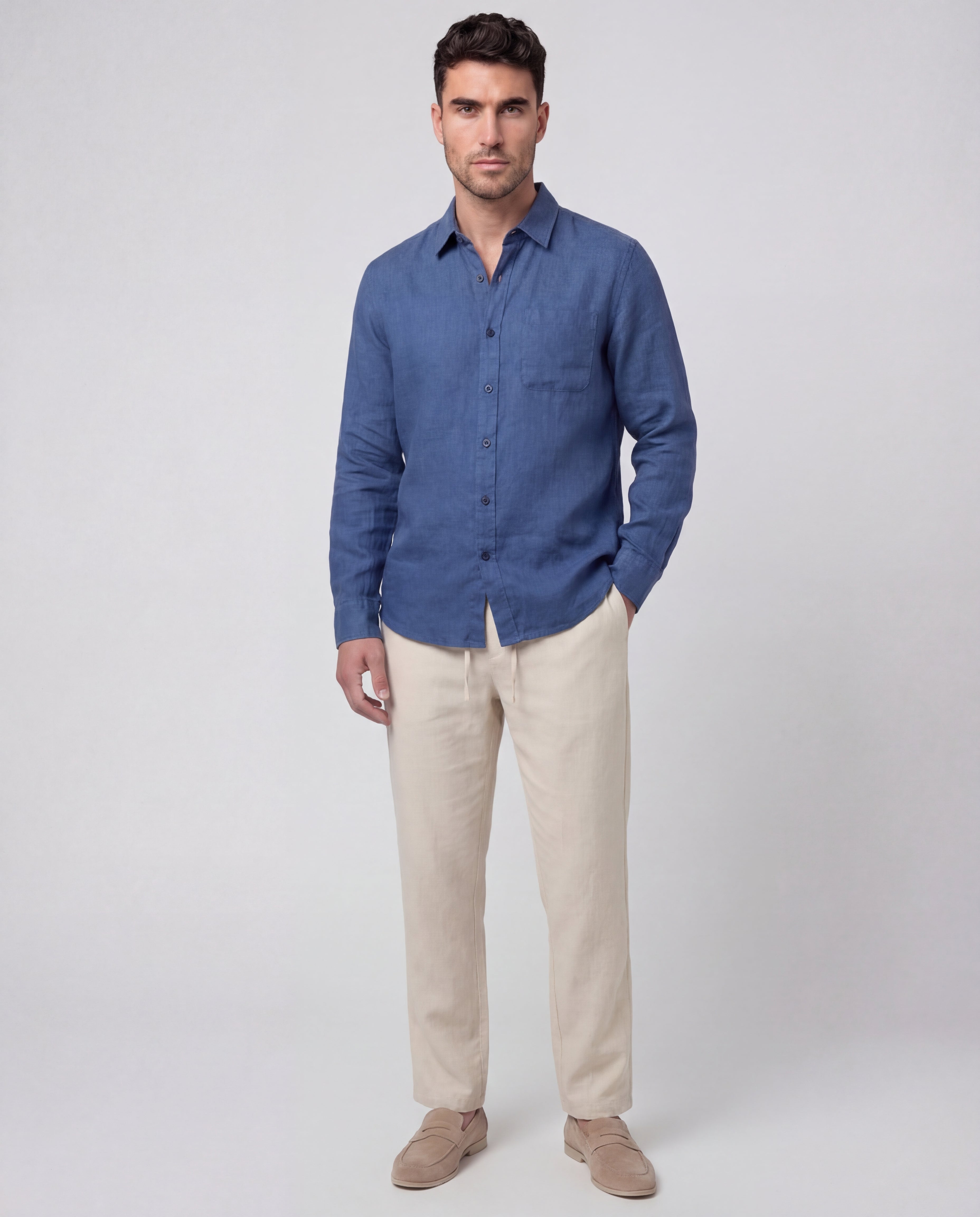 Men's Linen Co-Ord Set Blouse Trousers Regular Fit Lightweight Casual