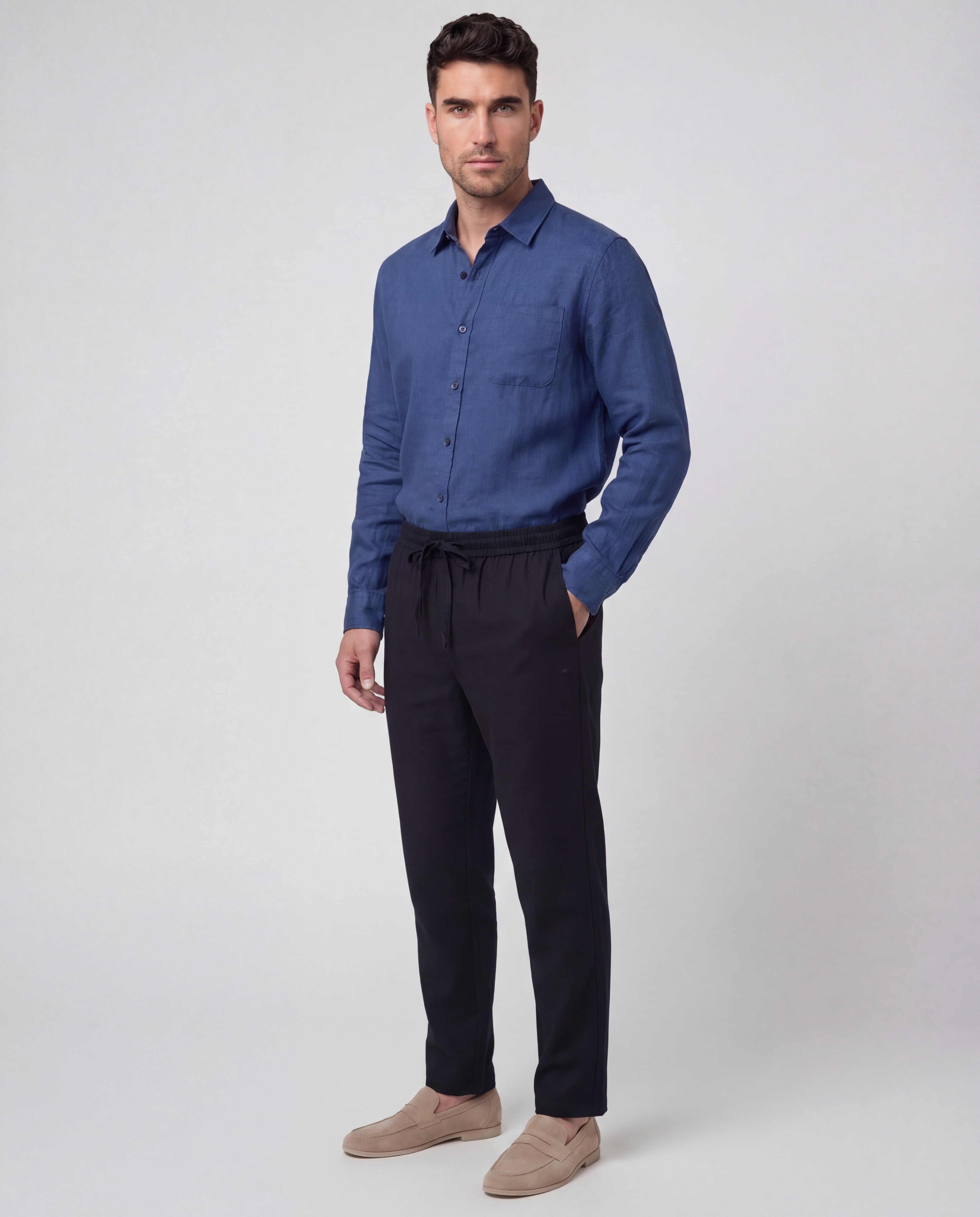 Men's Linen Co-Ord Set Blouse Trousers Regular Fit Lightweight Casual