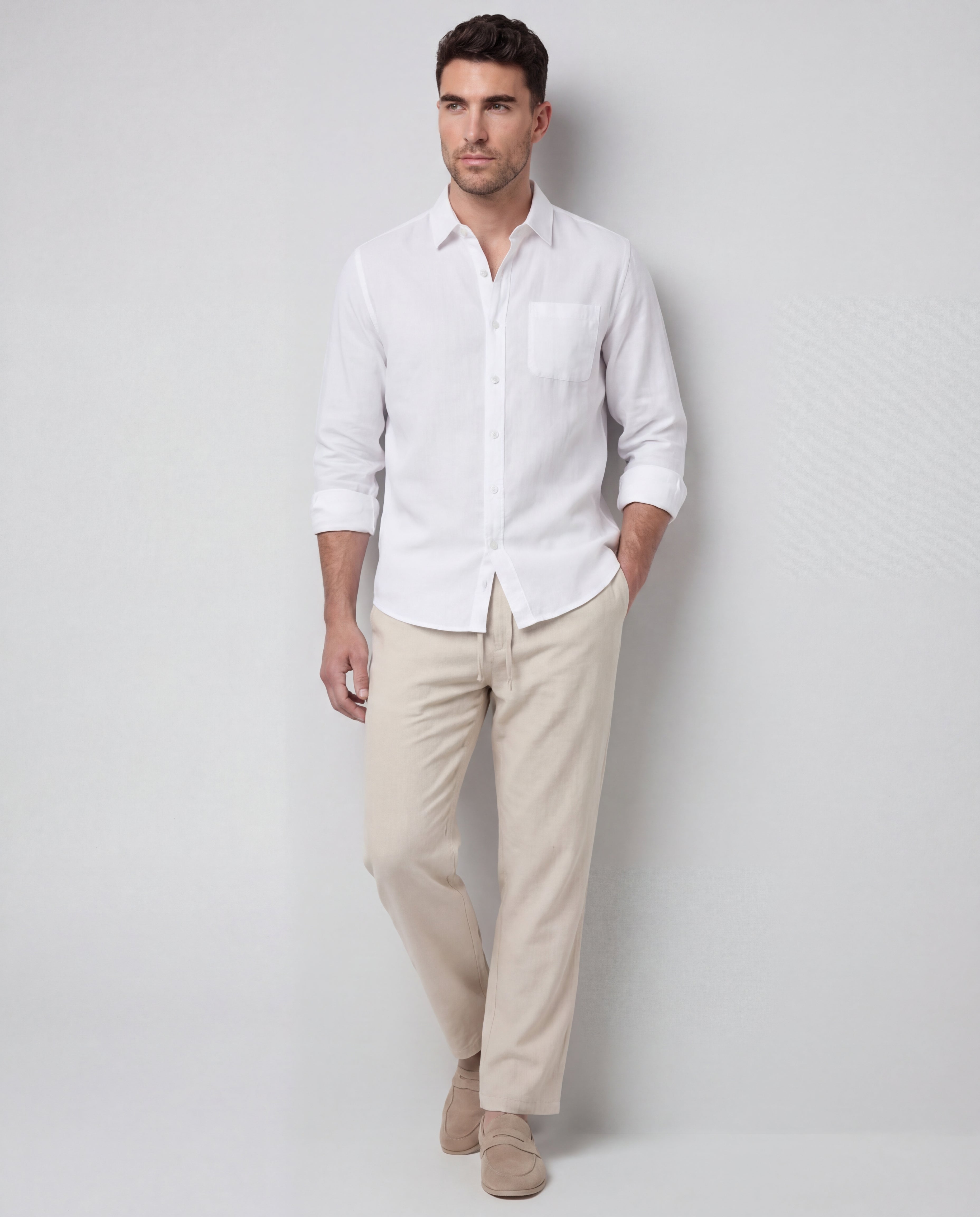 Men's Linen Co-Ord Set Blouse Trousers Regular Fit Lightweight Casual