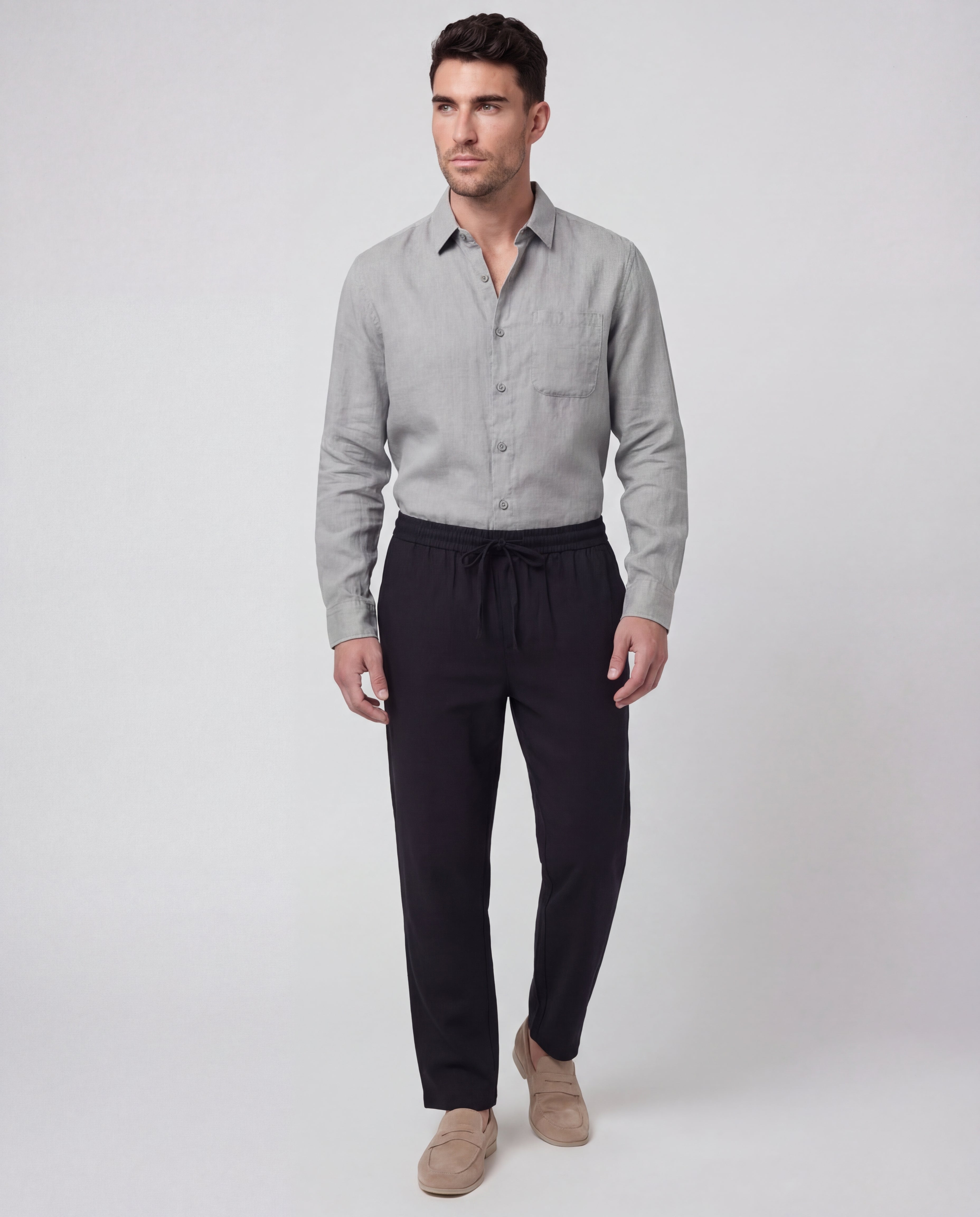 Men's Linen Co-Ord Set Blouse Trousers Regular Fit Lightweight Casual