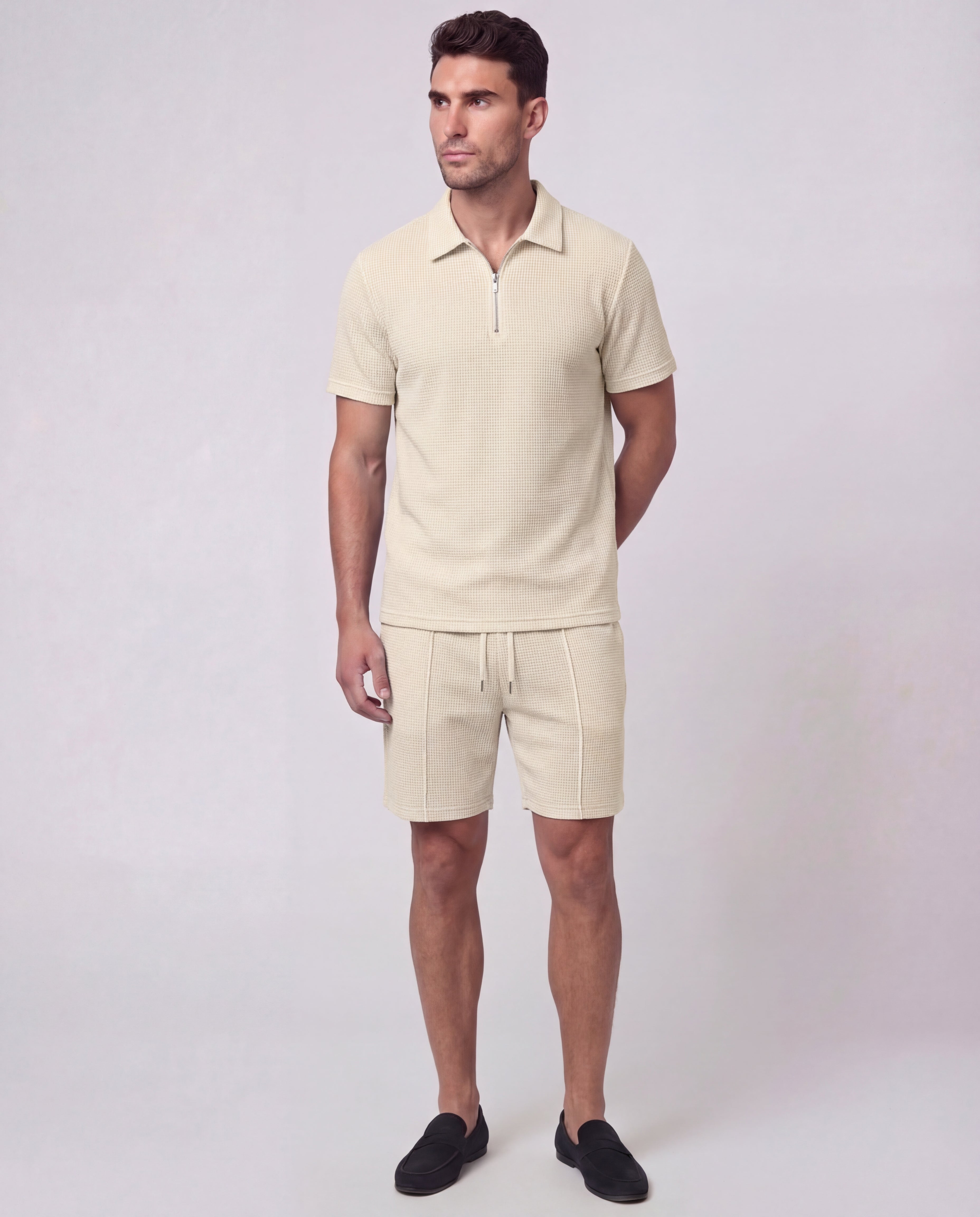 Men's Cotton Co-Ord Set Zip-Neck Polo Drawstring Shorts Casual