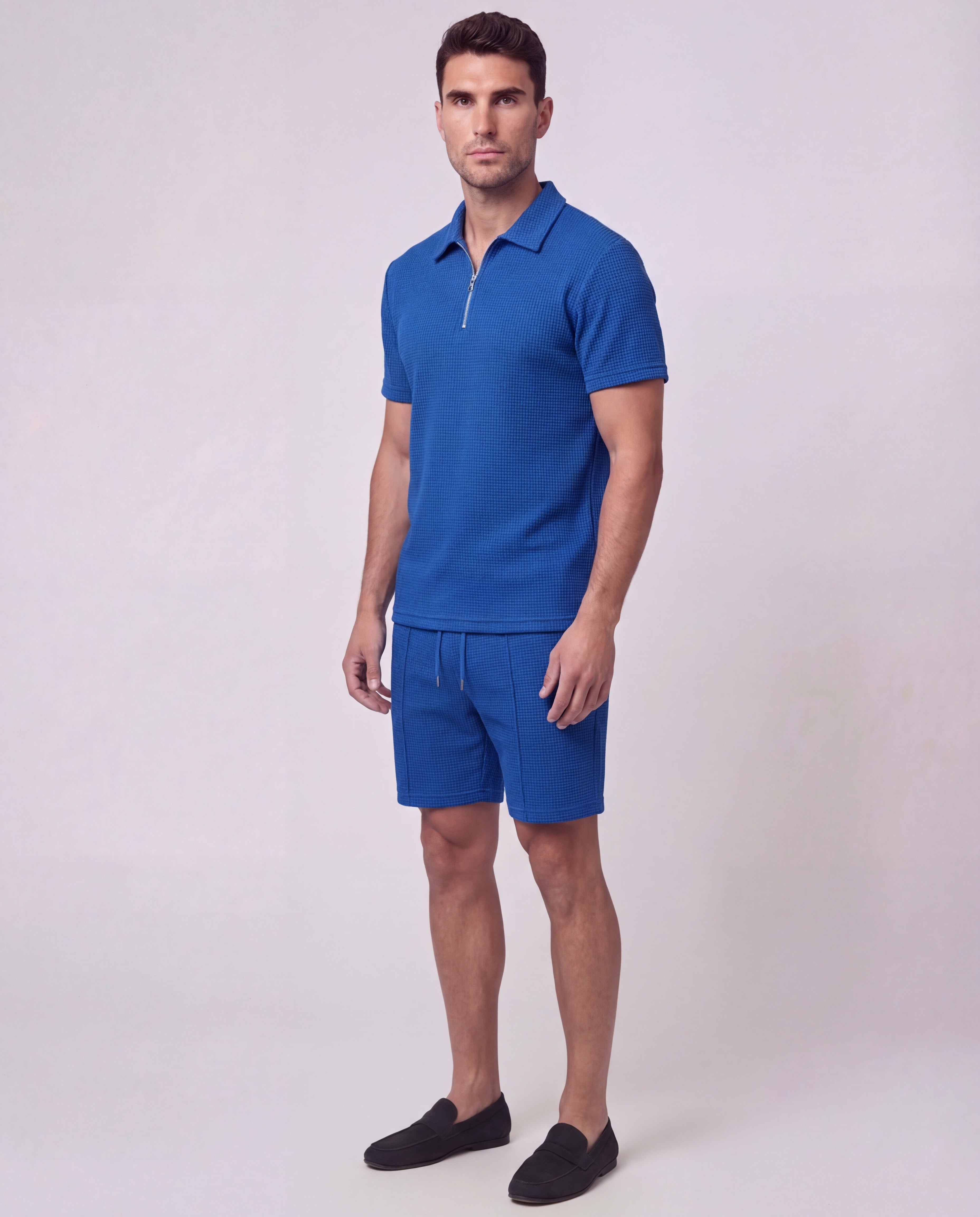 Men's Cotton Co-Ord Set Zip-Neck Polo Drawstring Shorts Casual