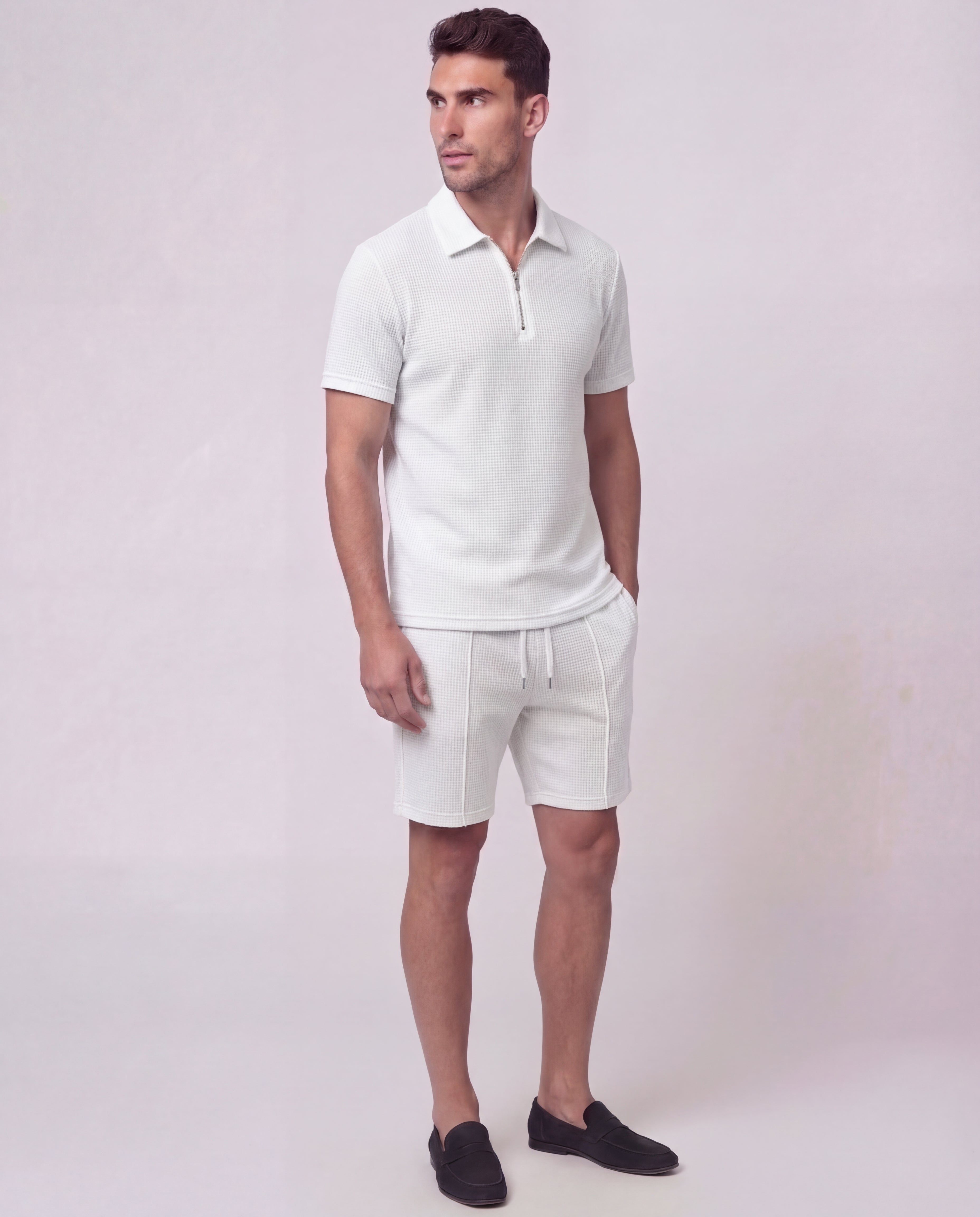 Men's Cotton Co-Ord Set Zip-Neck Polo Drawstring Shorts Casual