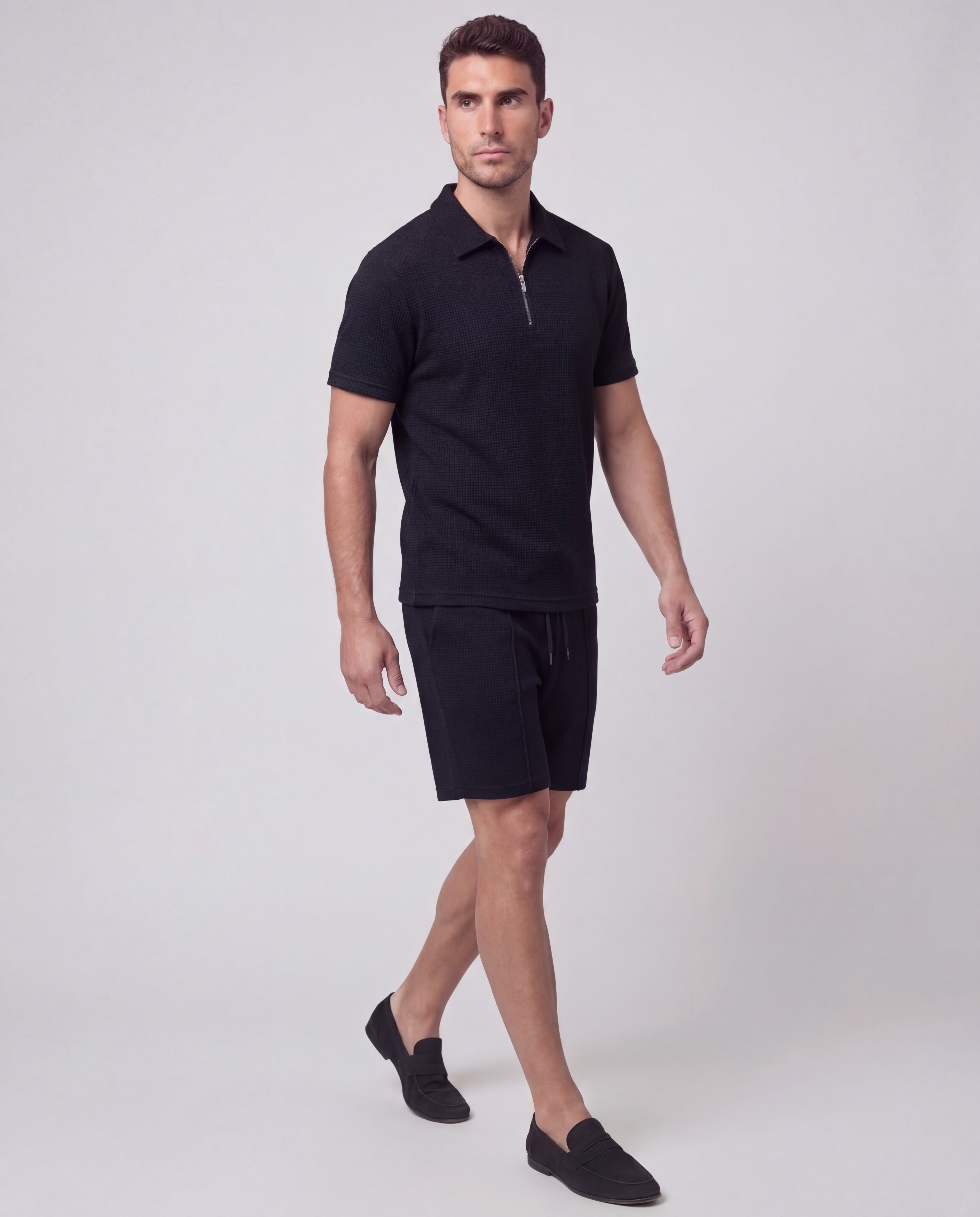 Men's Cotton Co-Ord Set Zip-Neck Polo Drawstring Shorts Casual
