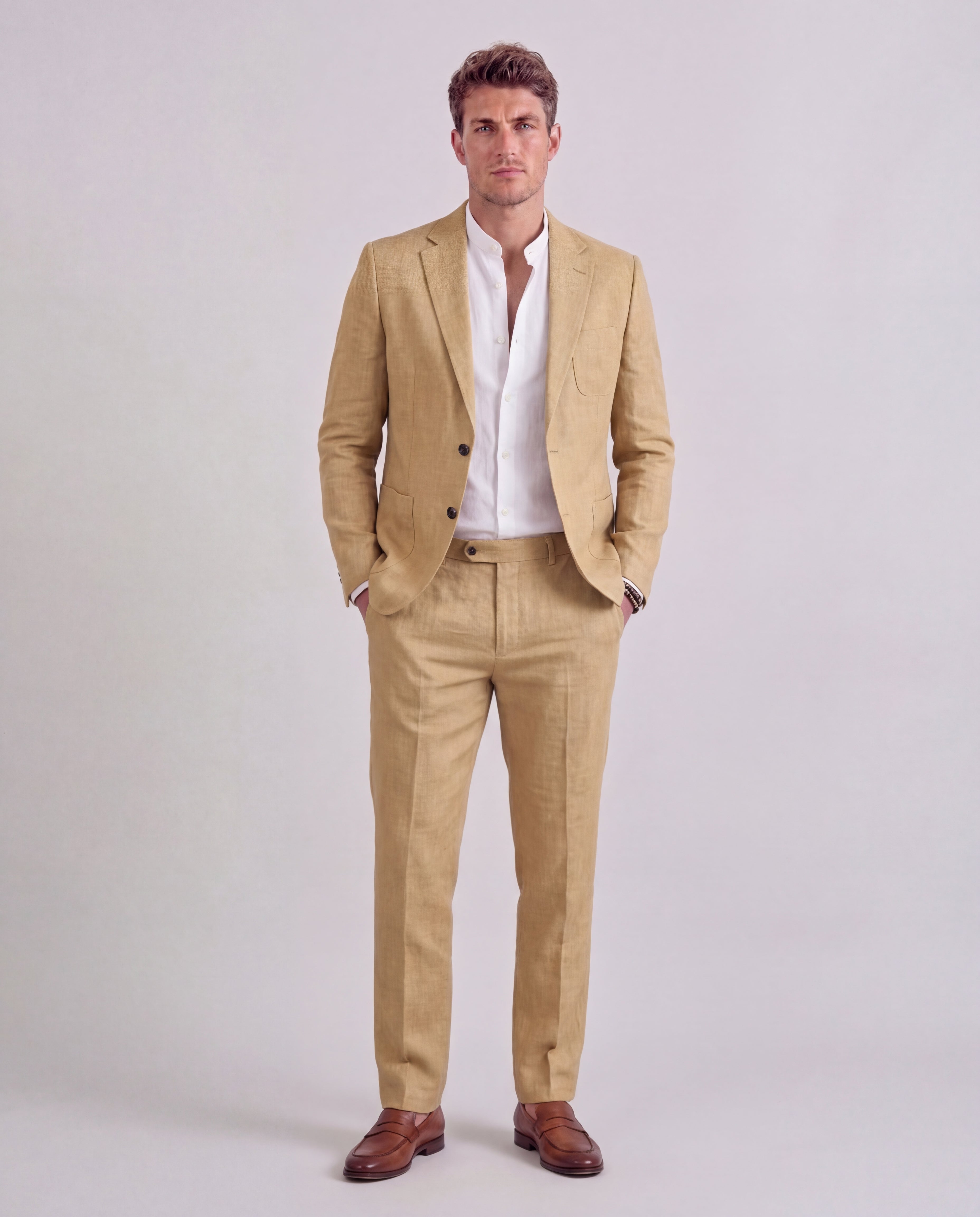 Men's Linen Suit Tailored Jacket Notch Lapel Straight-Leg Trousers
