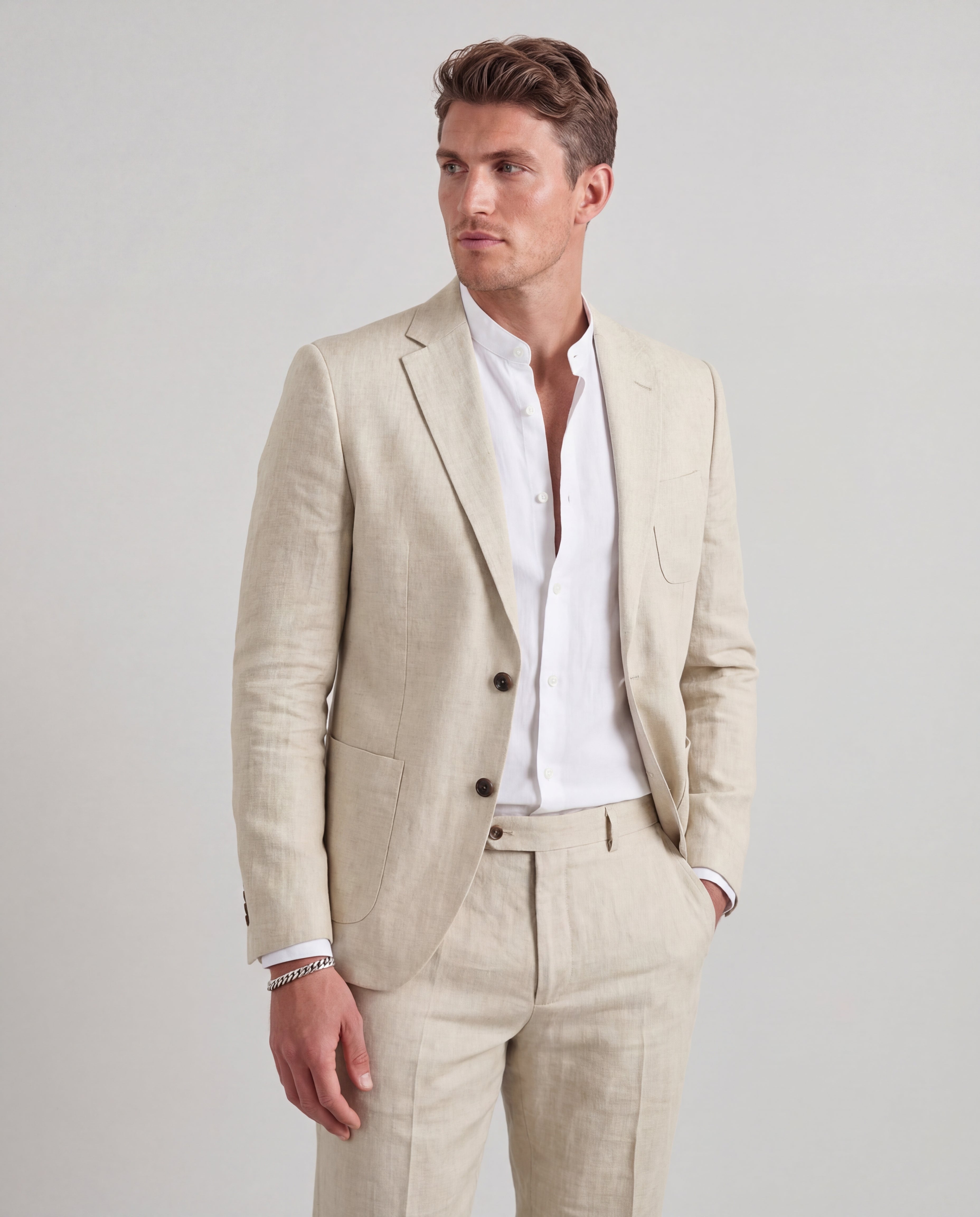Men's Linen Suit Tailored Jacket Notch Lapel Straight-Leg Trousers
