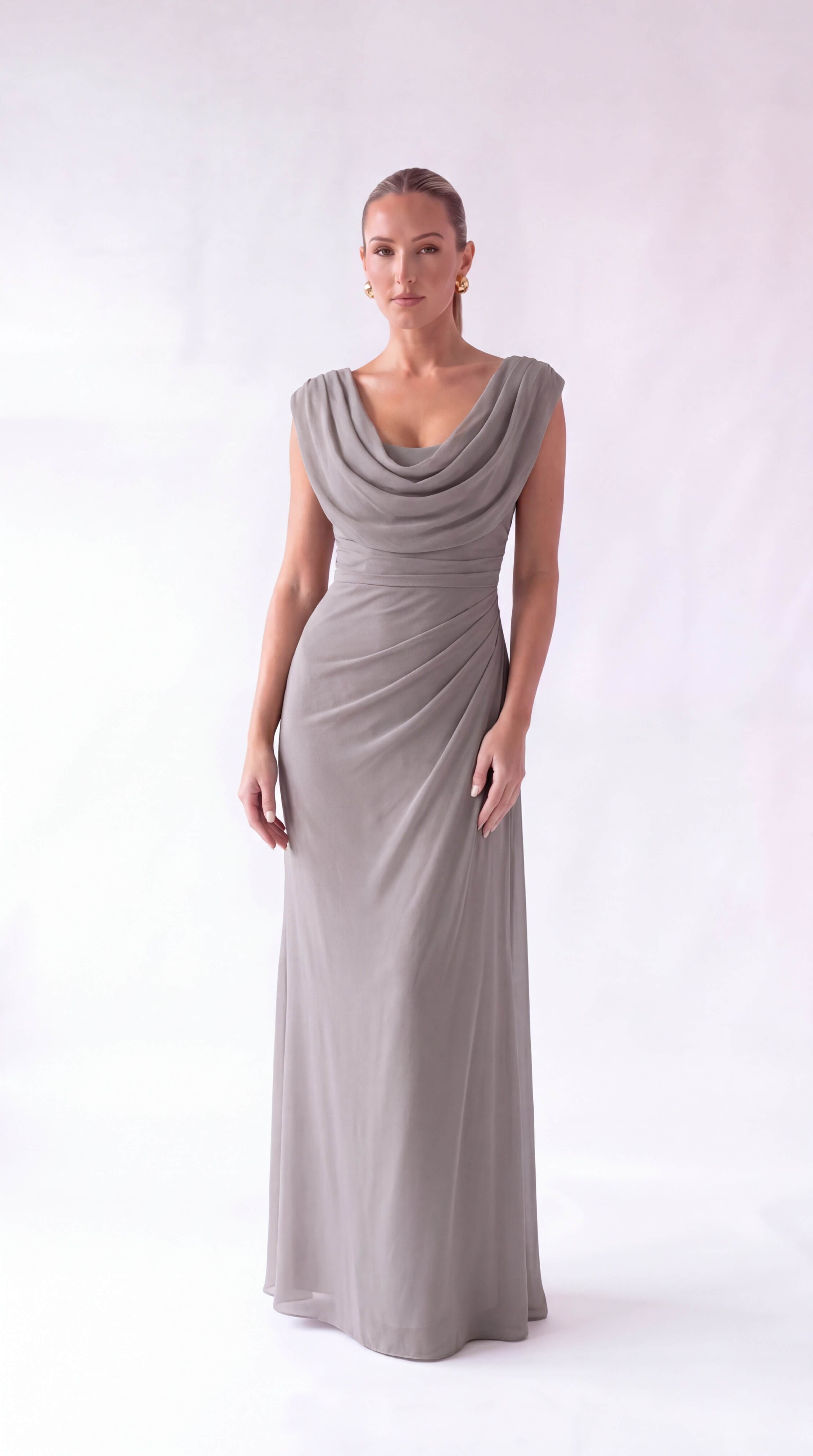 ruched dress wedding guest Draped Cowl Neck Ruched Maxi Dress Wedding Guest Prom – Lunimore