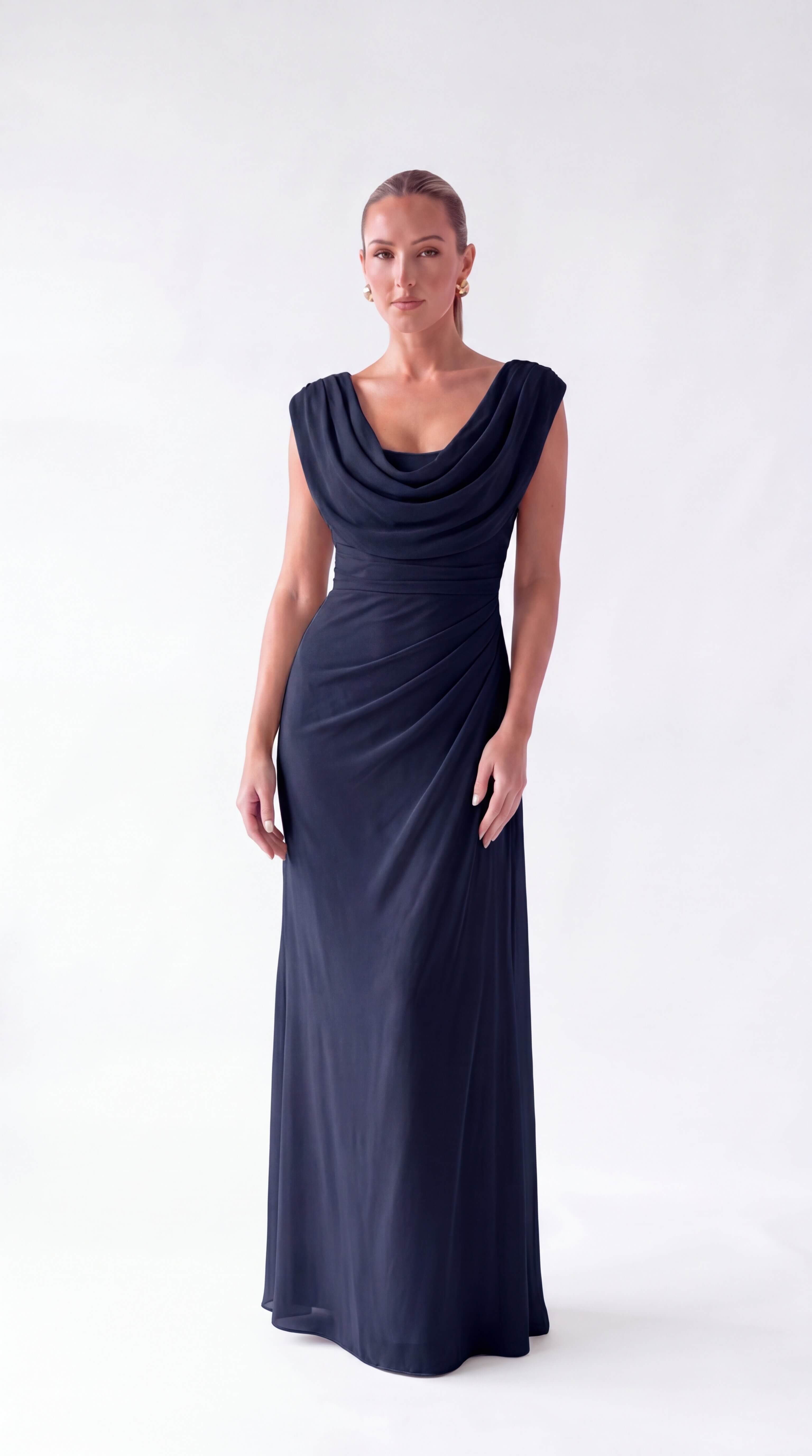 Women's Draped Cowl Neck Ruched Maxi Dress Wedding Guest Prom