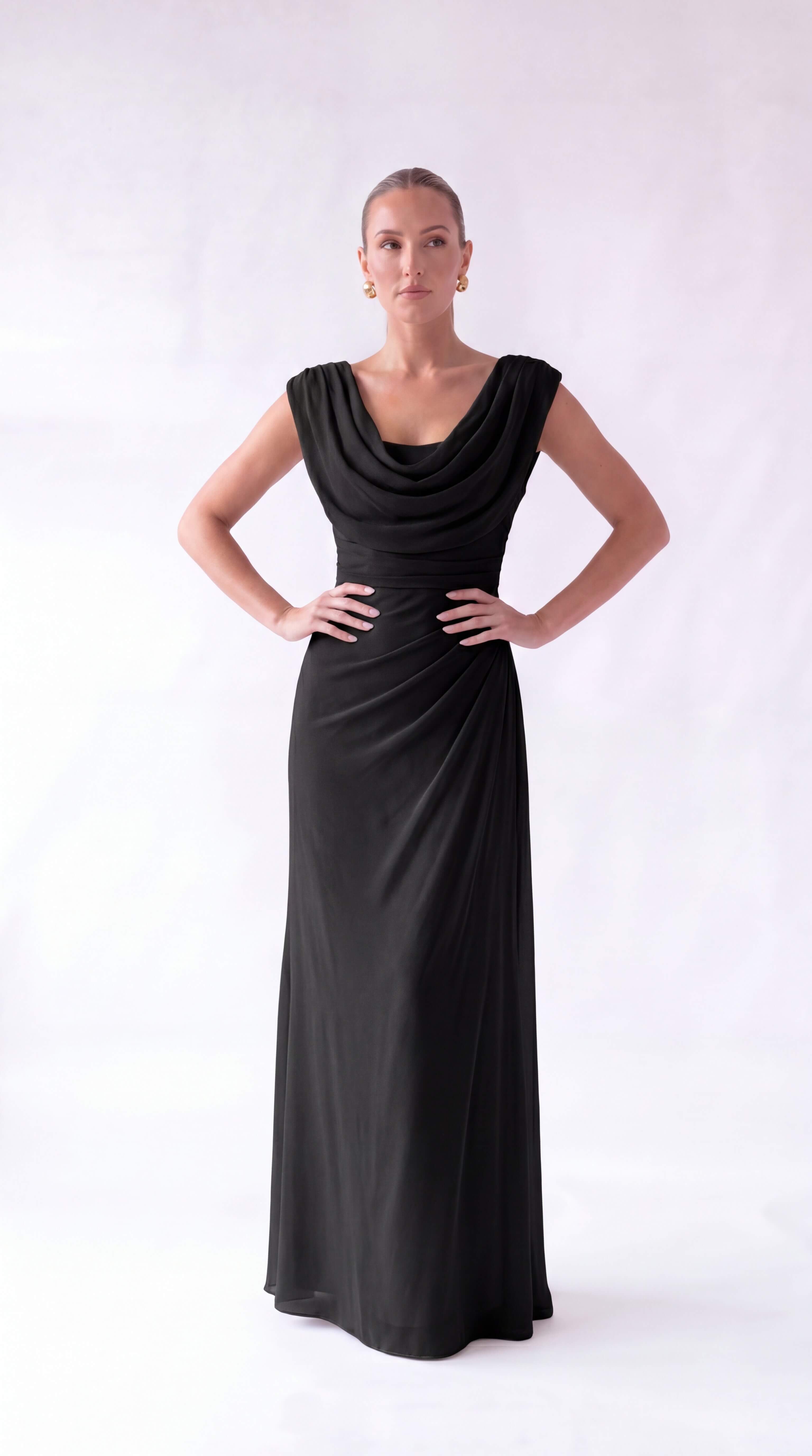 Women's Draped Cowl Neck Ruched Maxi Dress Wedding Guest Prom