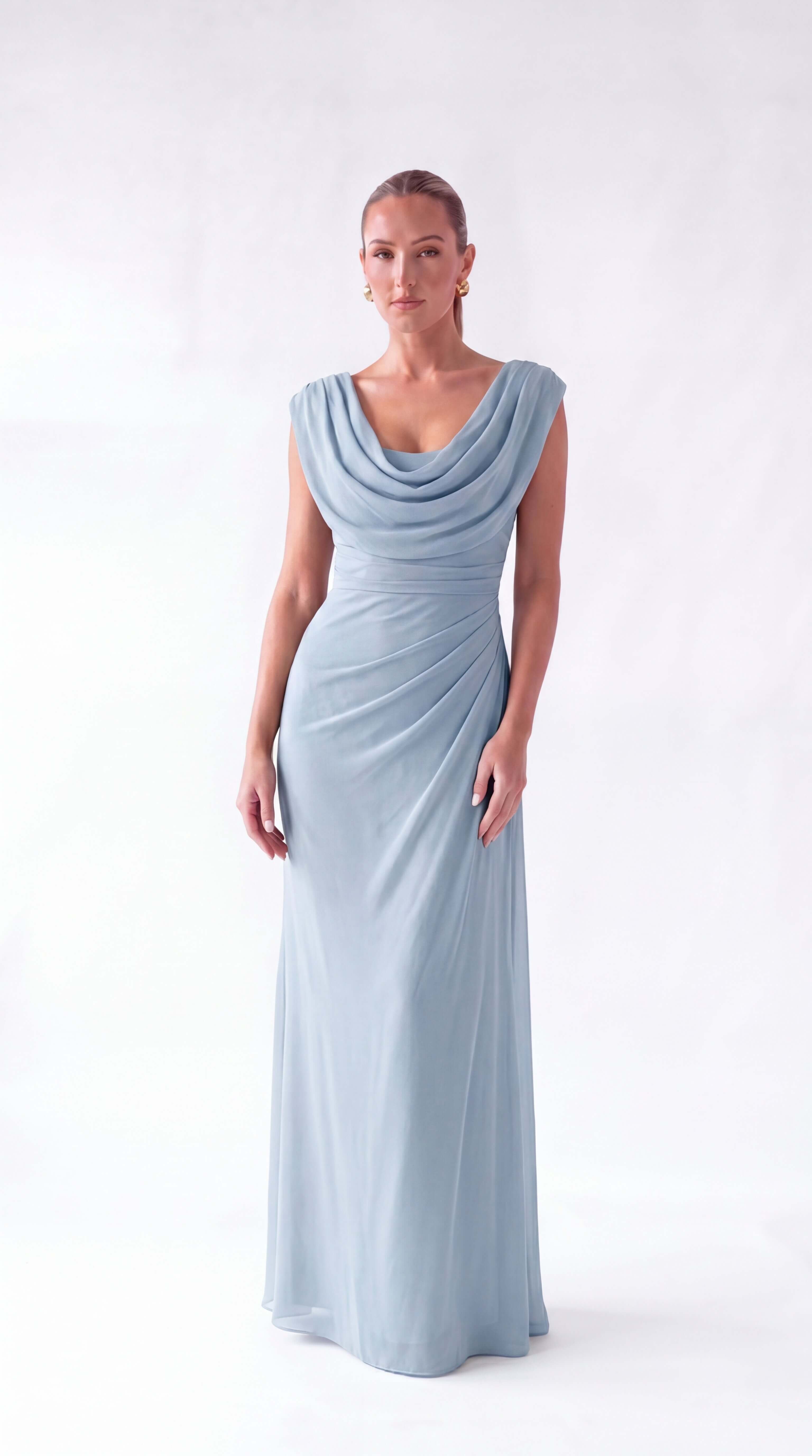 Women's Draped Cowl Neck Ruched Maxi Dress Wedding Guest Prom