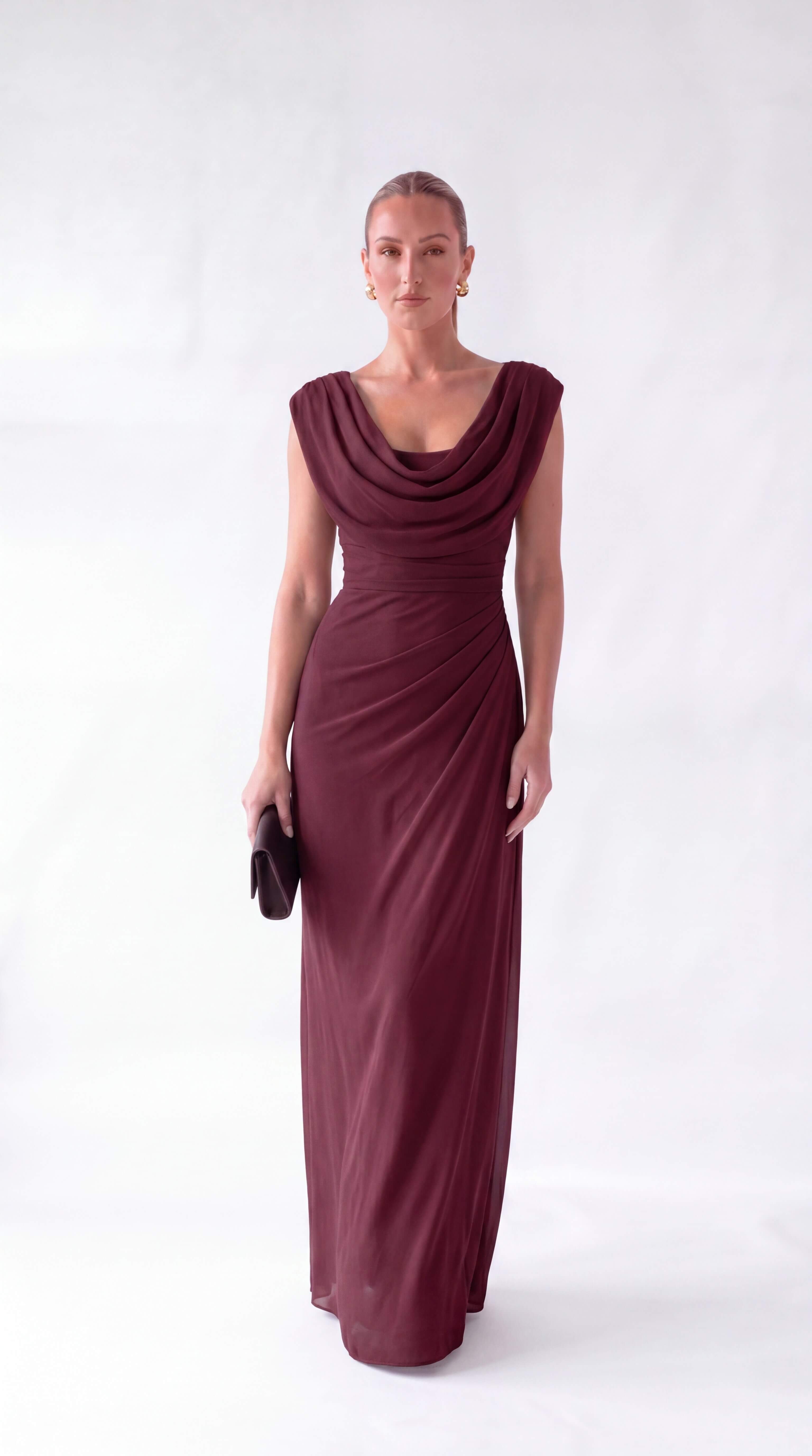 Women's Draped Cowl Neck Ruched Maxi Dress Wedding Guest Prom