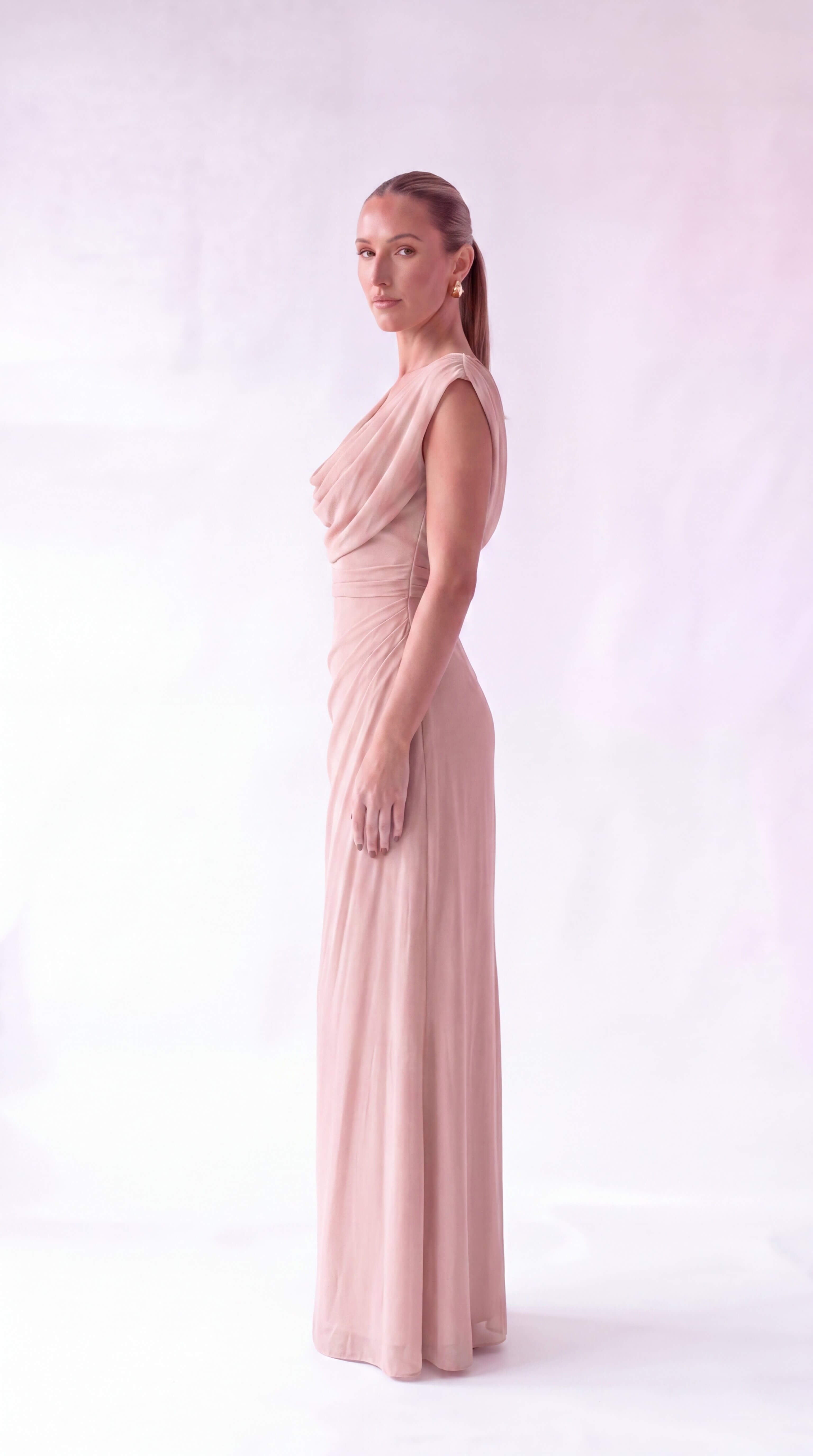ruched dress wedding guest Draped Cowl Neck Ruched Maxi Dress Wedding Guest Prom – Lunimore