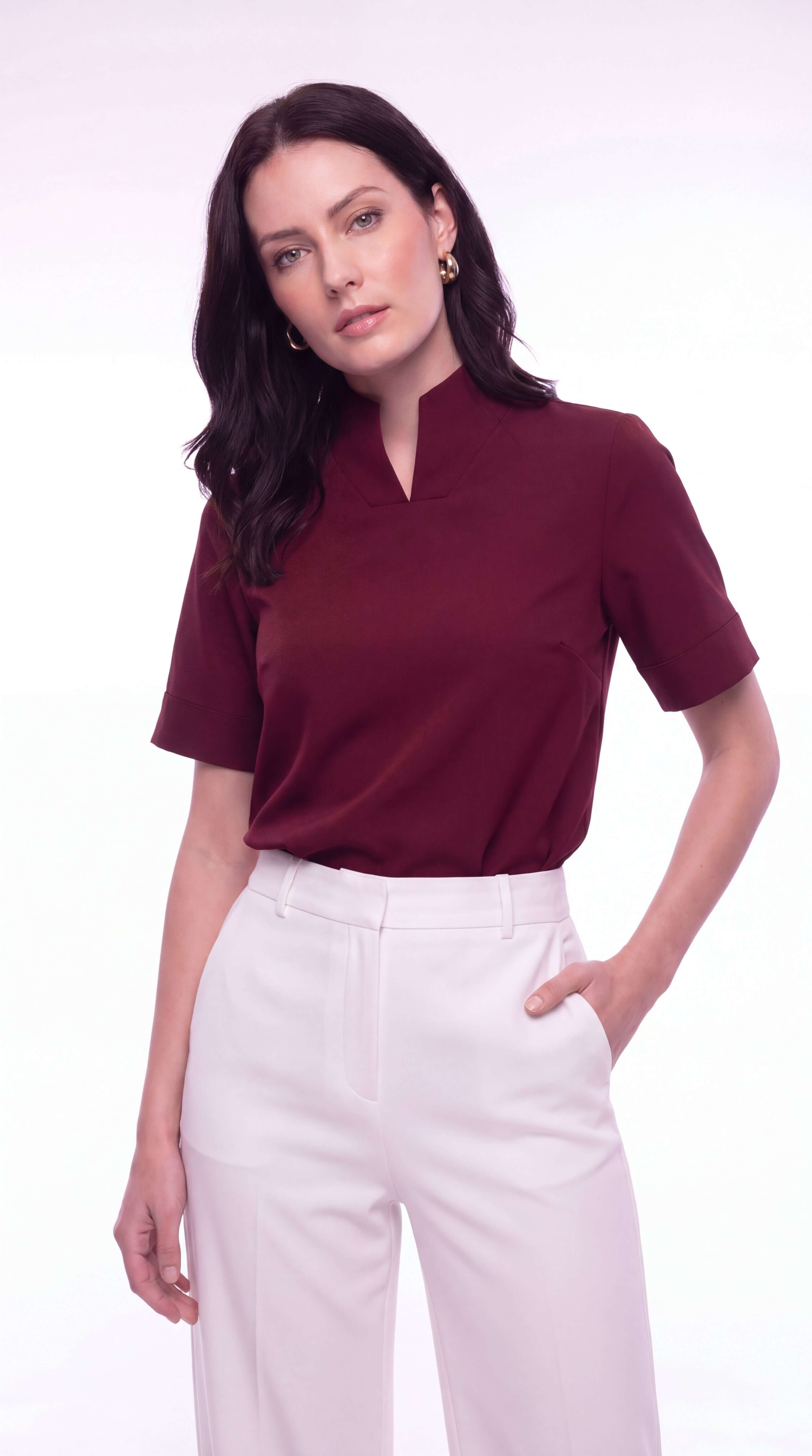 Women's Stand Collar Short Sleeve Blouse Office Work Minimalist