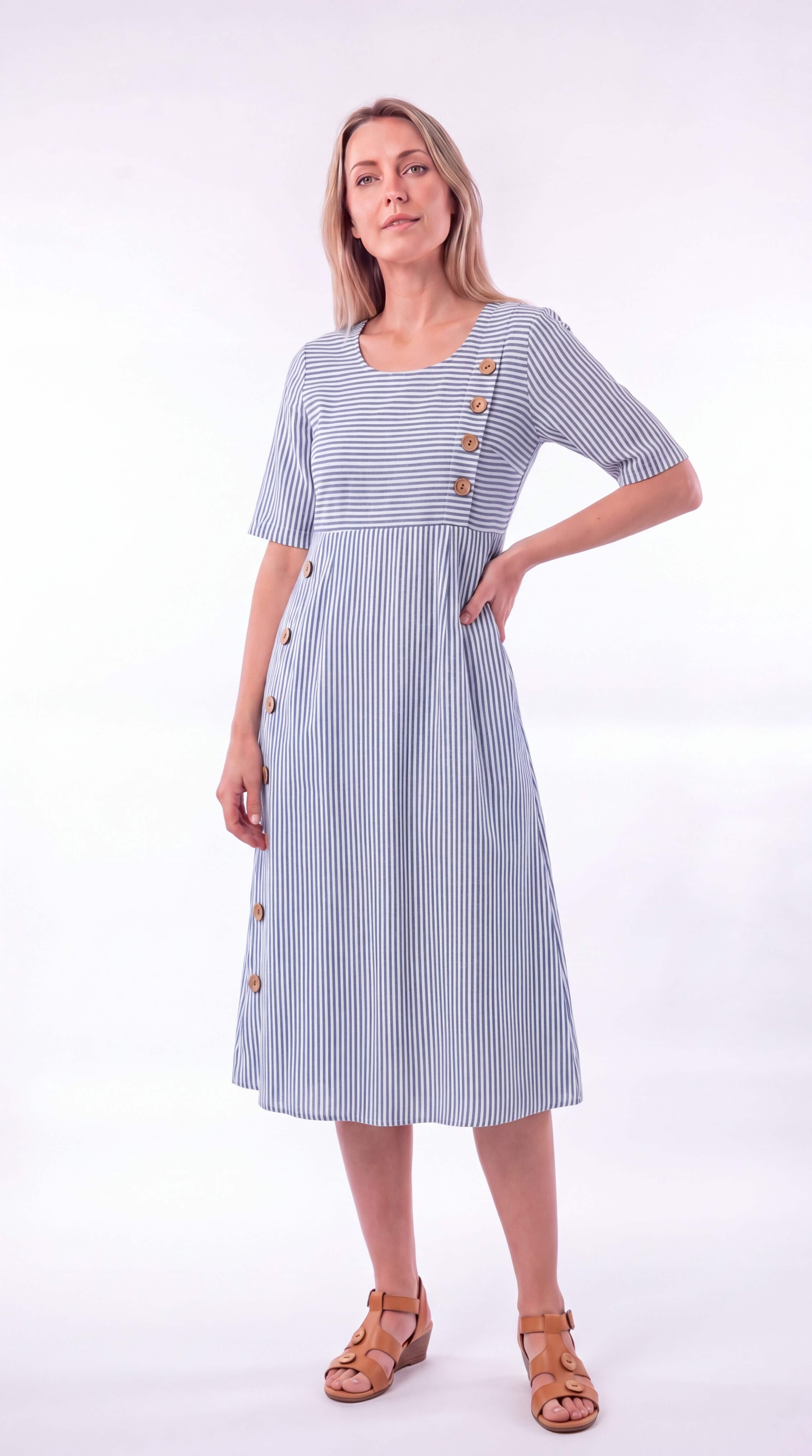 Women's Striped Midi Dress Button Front 3/4 Sleeve Loose Fit