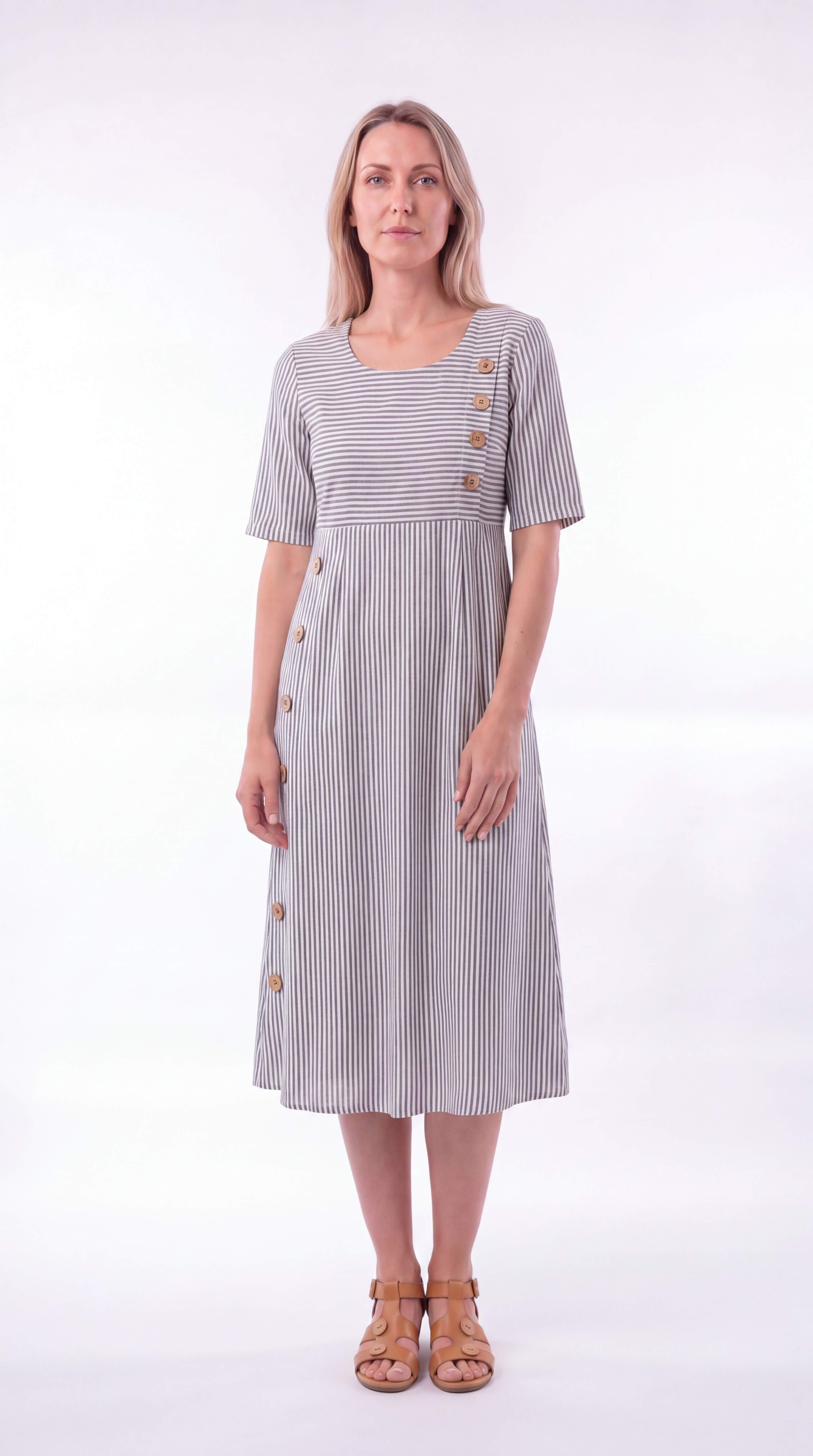 Women's Striped Midi Dress Button Front 3/4 Sleeve Loose Fit