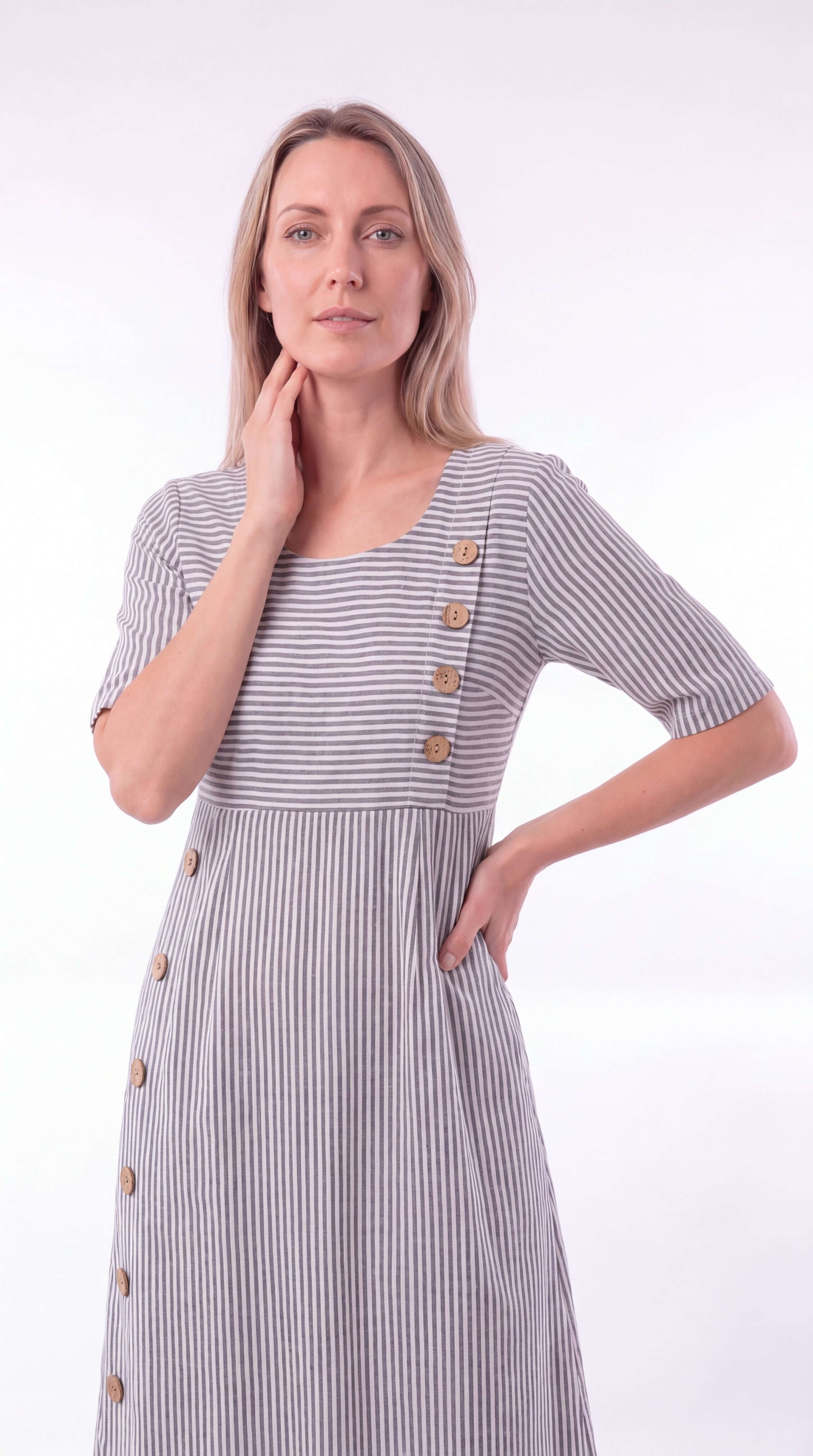Women's Striped Midi Dress Button Front 3/4 Sleeve Loose Fit