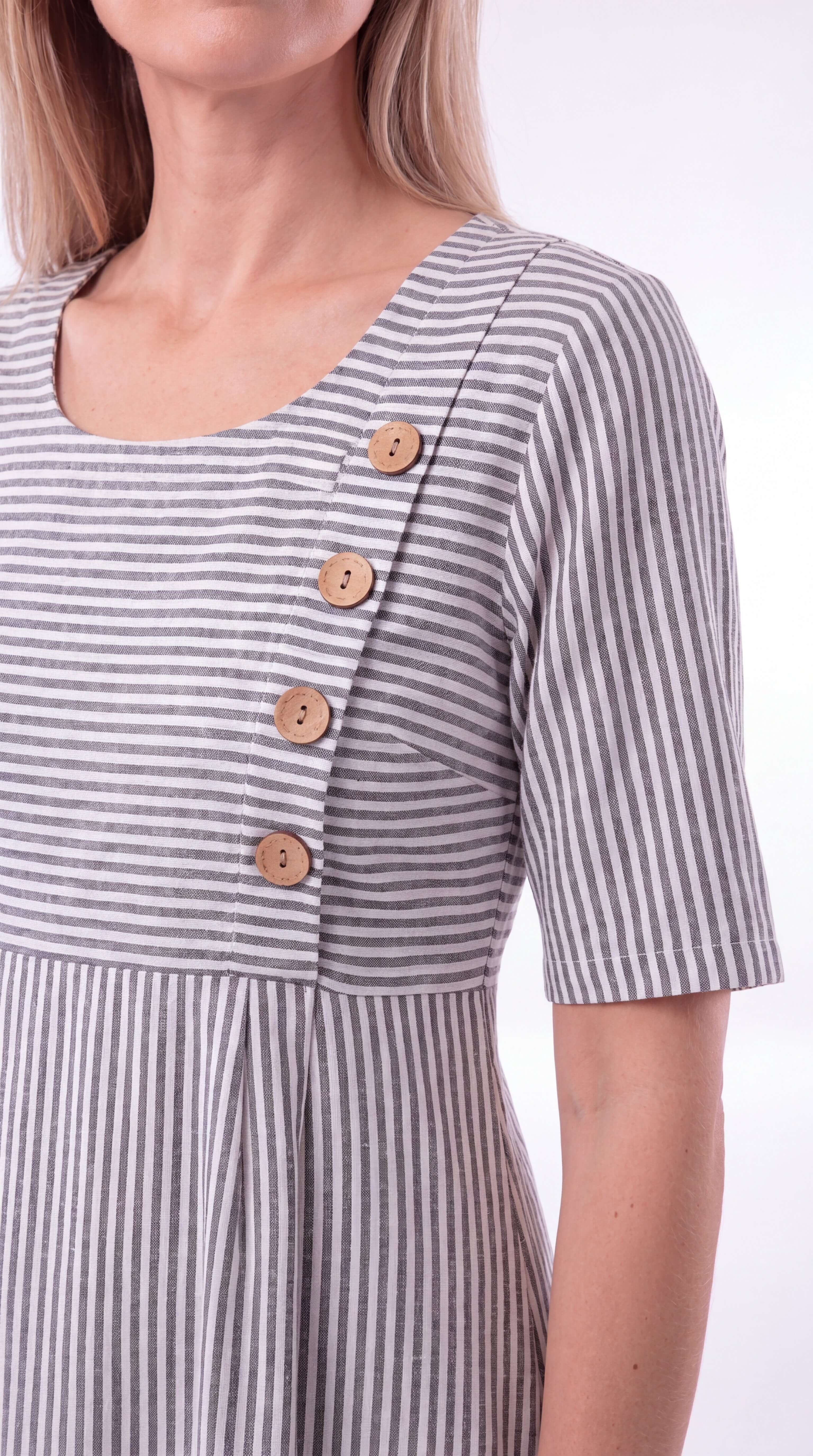 Women's Striped Midi Dress Button Front 3/4 Sleeve Loose Fit