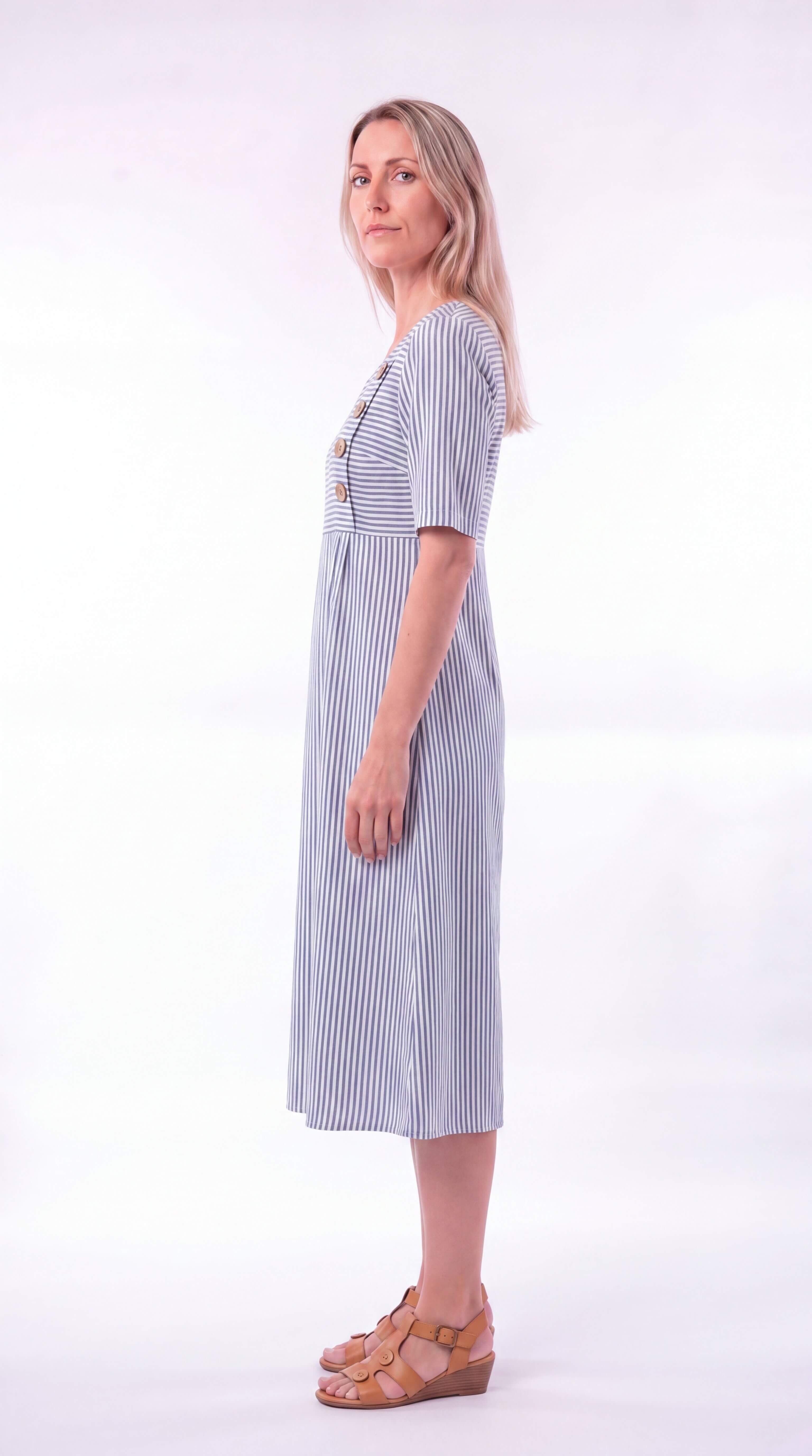 Women's Striped Midi Dress Button Front 3/4 Sleeve Loose Fit