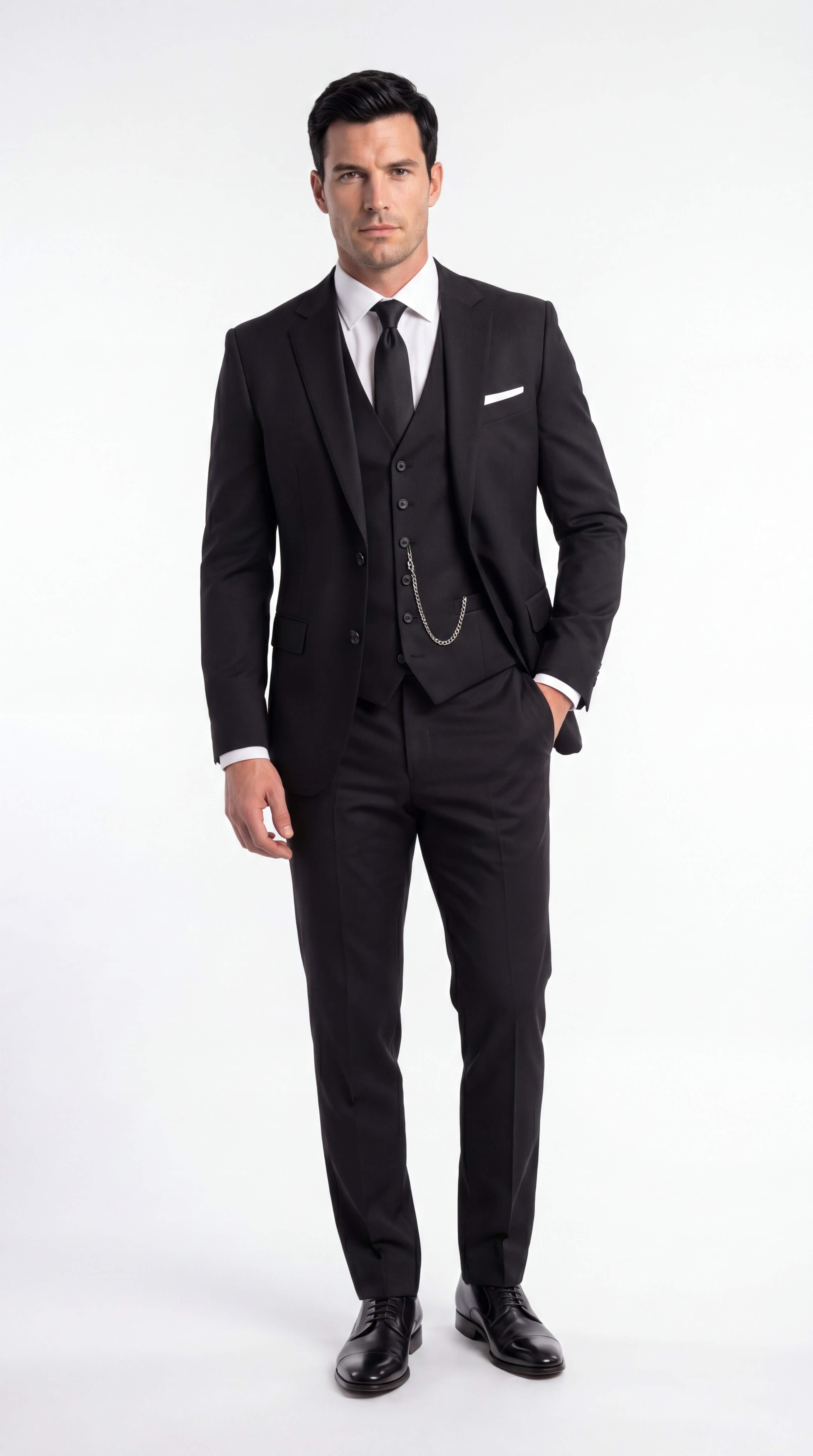 Men's Black Three Piece Suit Slim Tailored Wedding Guest Formal