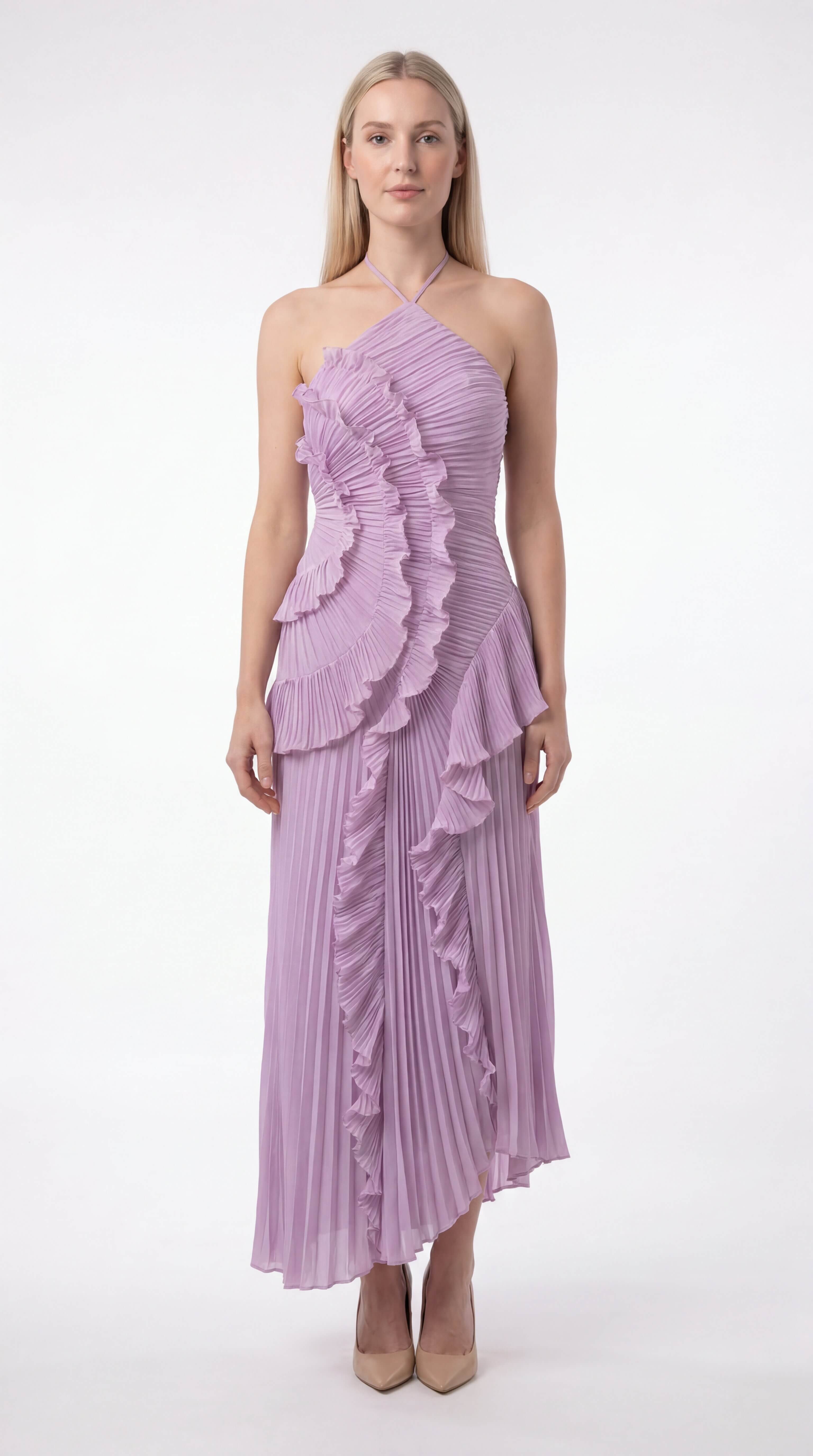 Women's Ruffle Halter Maxi Dress Wedding Guest Formal Gown