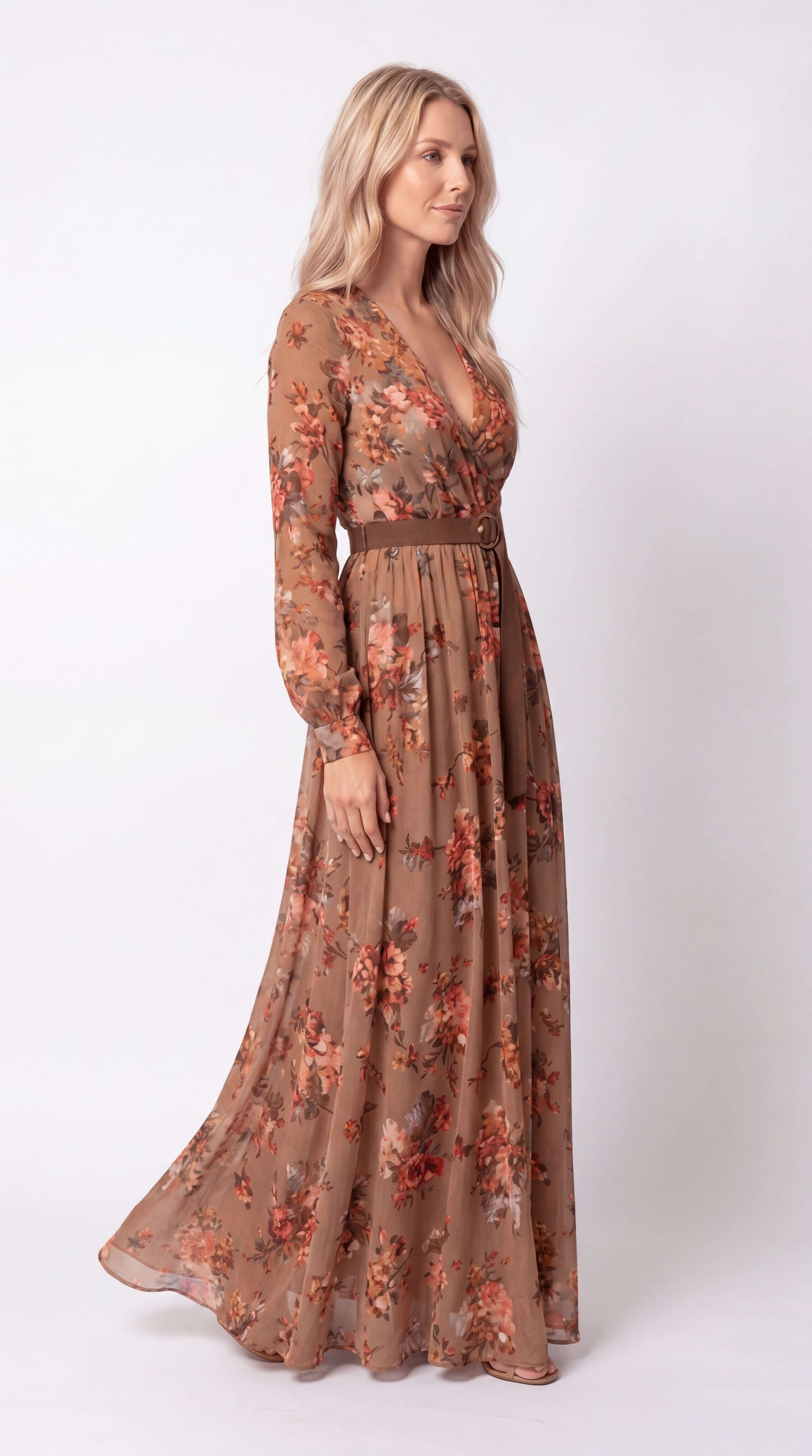 Women's Boho Tiered Maxi Dress Long Sleeve Belt