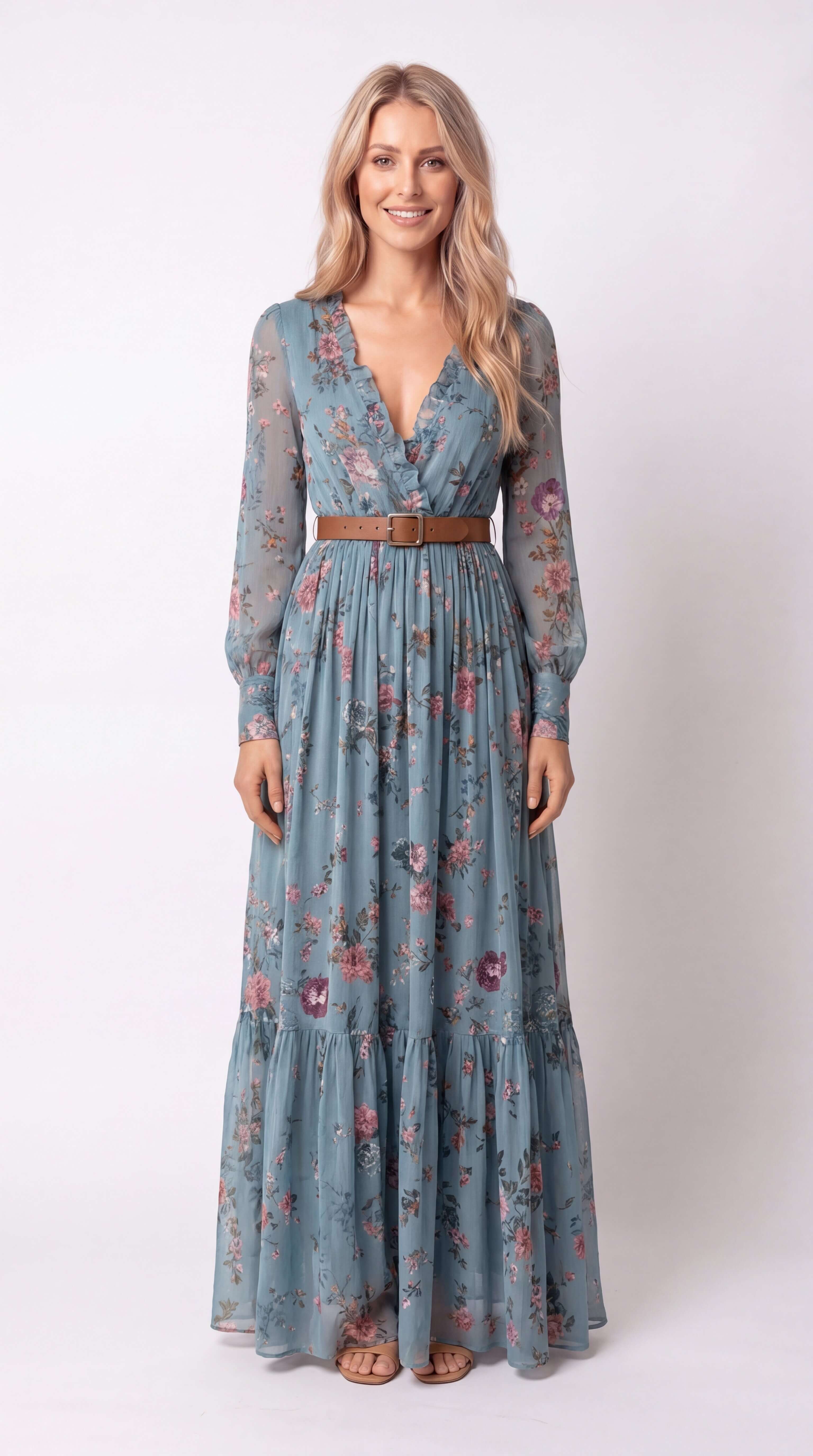 Women's Boho Tiered Maxi Dress Long Sleeve Belt
