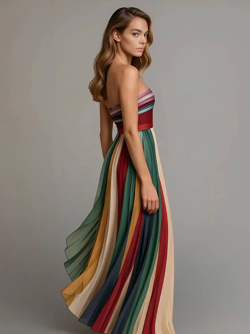 Women's Strapless Pleated Chiffon Maxi Holiday Dress
